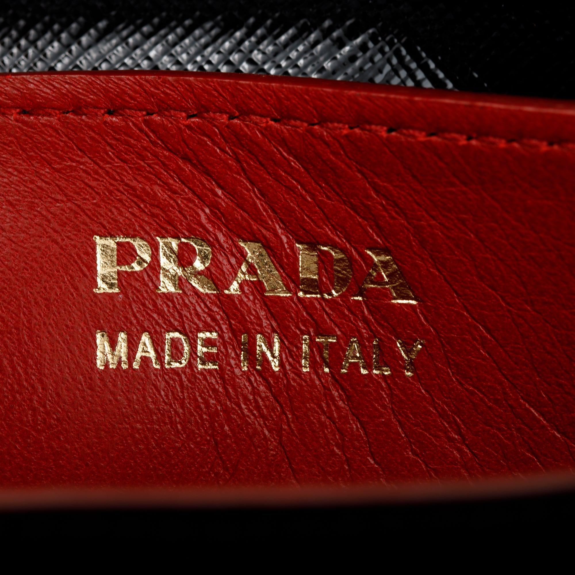 Prada Black/Red Saffiano Vernice Shiny Medium Cuir Double Tote w/ Strap