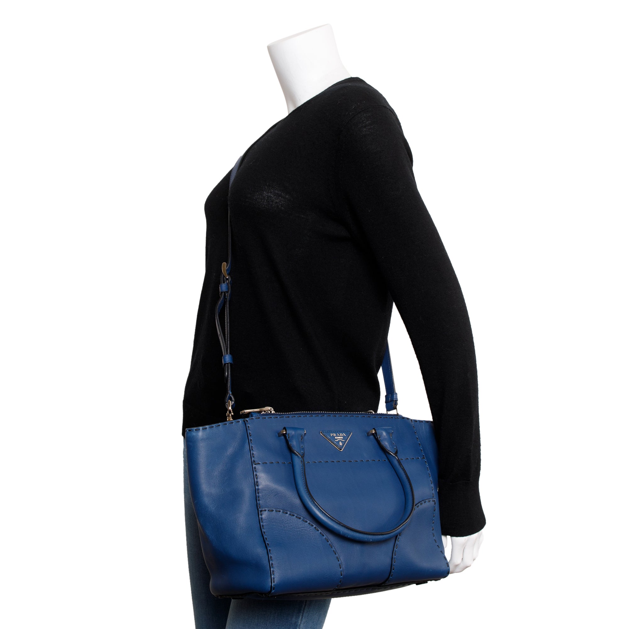 Prada Blue City Calf Small Twin Pocket Tote w/ Strap