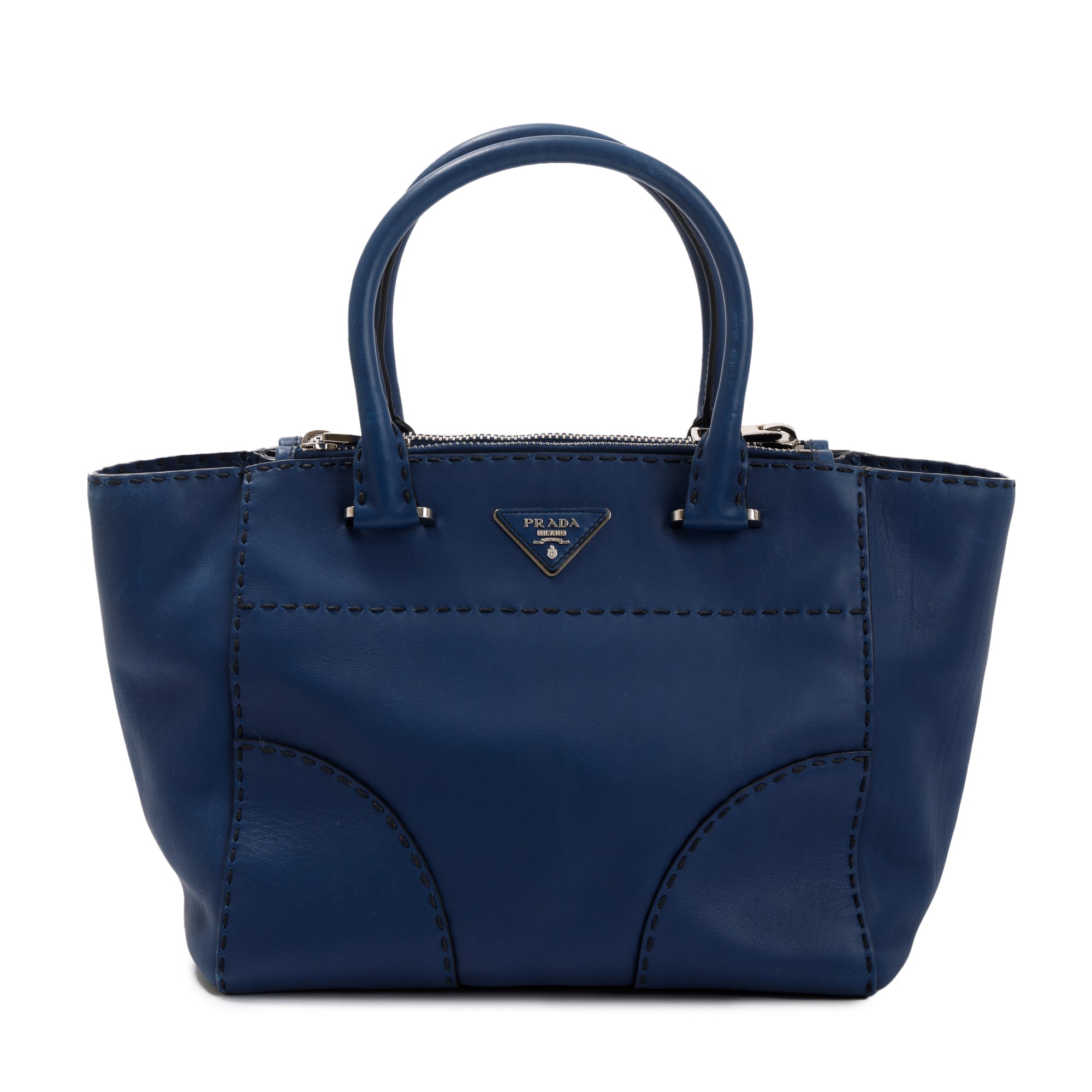 Prada Blue City Calf Small Twin Pocket Tote w/ Strap