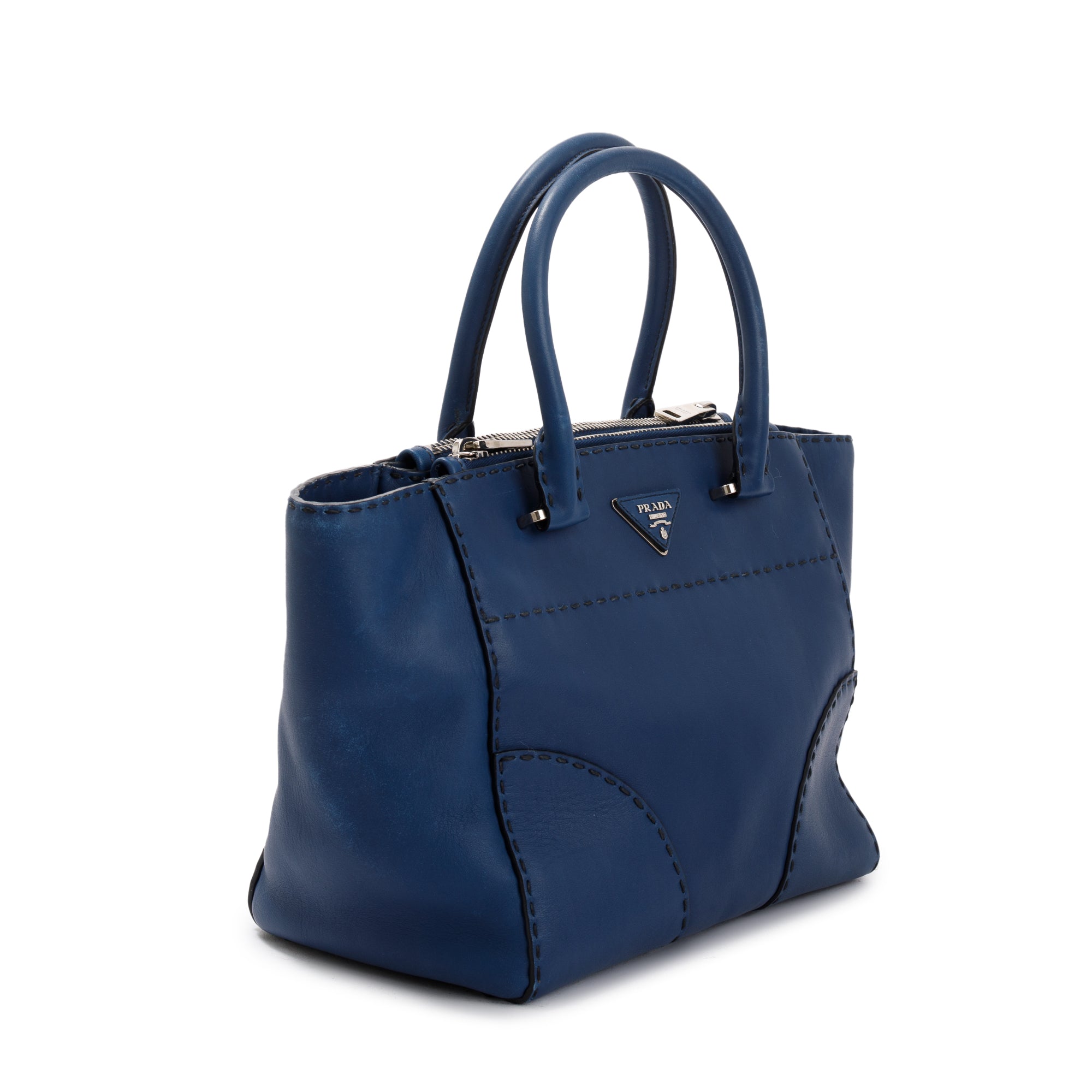 Prada Blue City Calf Small Twin Pocket Tote w/ Strap