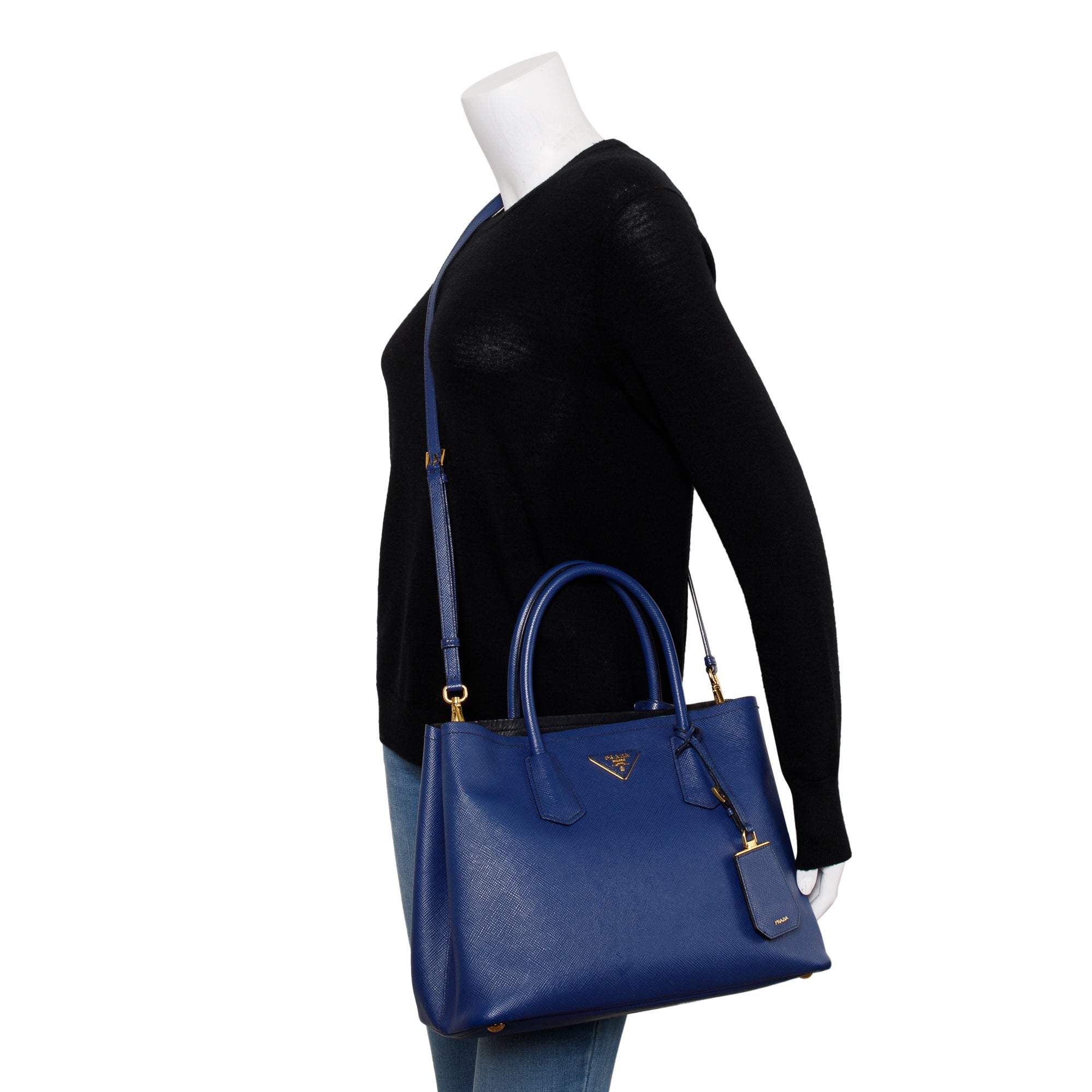 Prada Blue Saffiano Lux Medium Cuir Double Tote w/ Strap