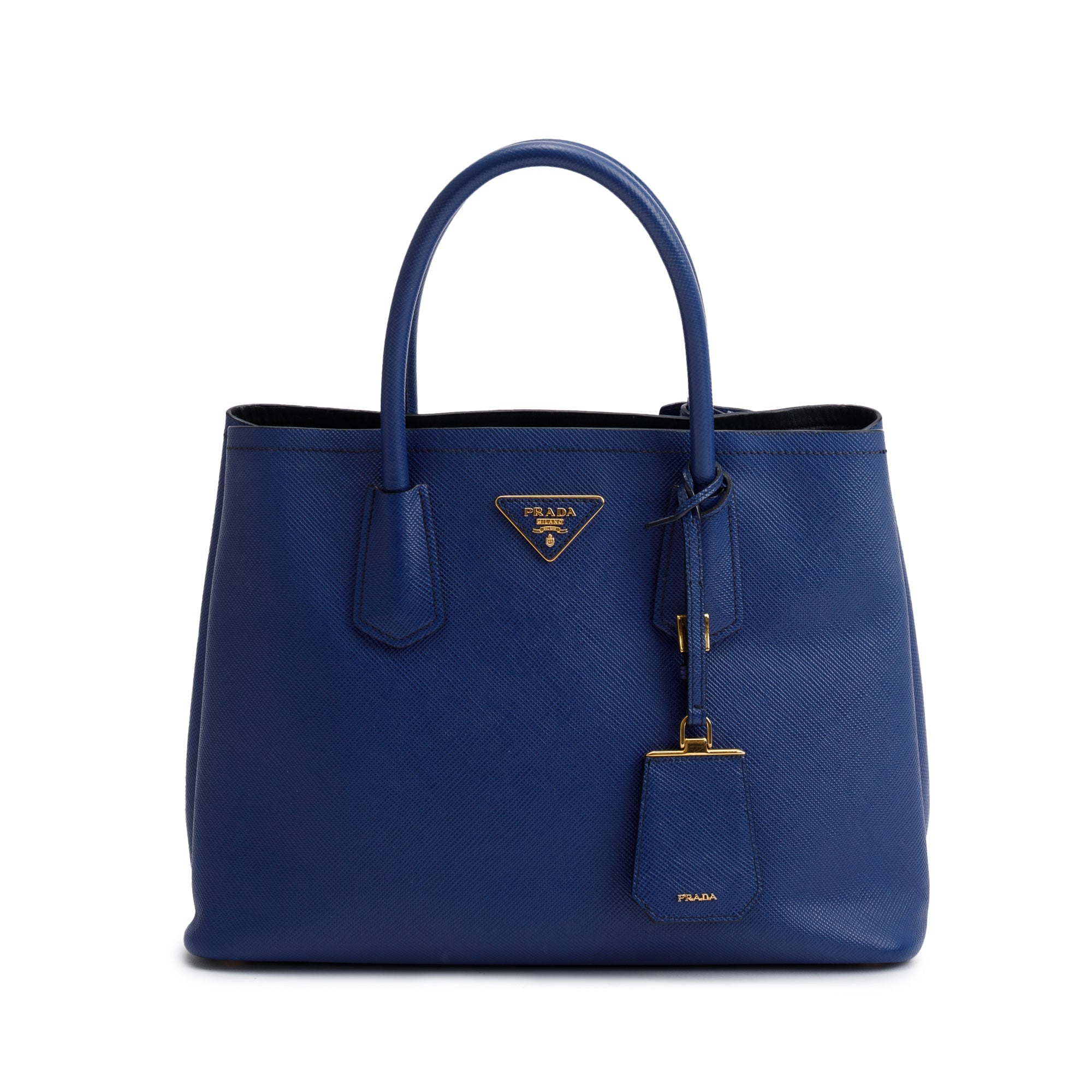 Prada Blue Saffiano Lux Medium Cuir Double Tote w/ Strap