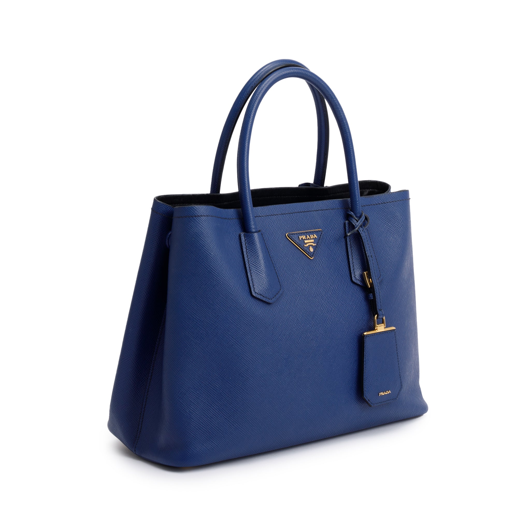 Prada Blue Saffiano Lux Medium Cuir Double Tote w/ Strap