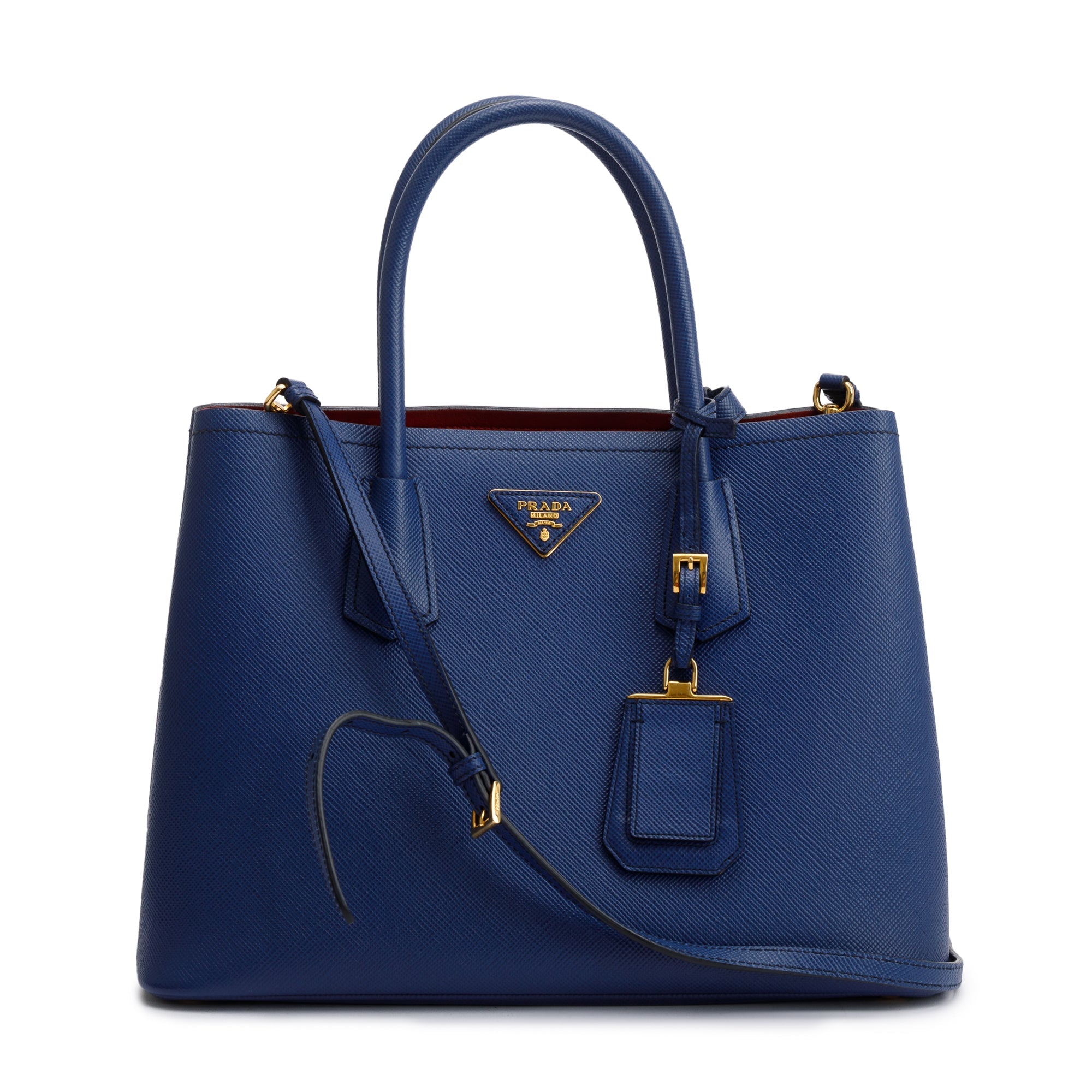 Prada Blue Saffiano Lux Medium Cuir Double Tote w/ Strap