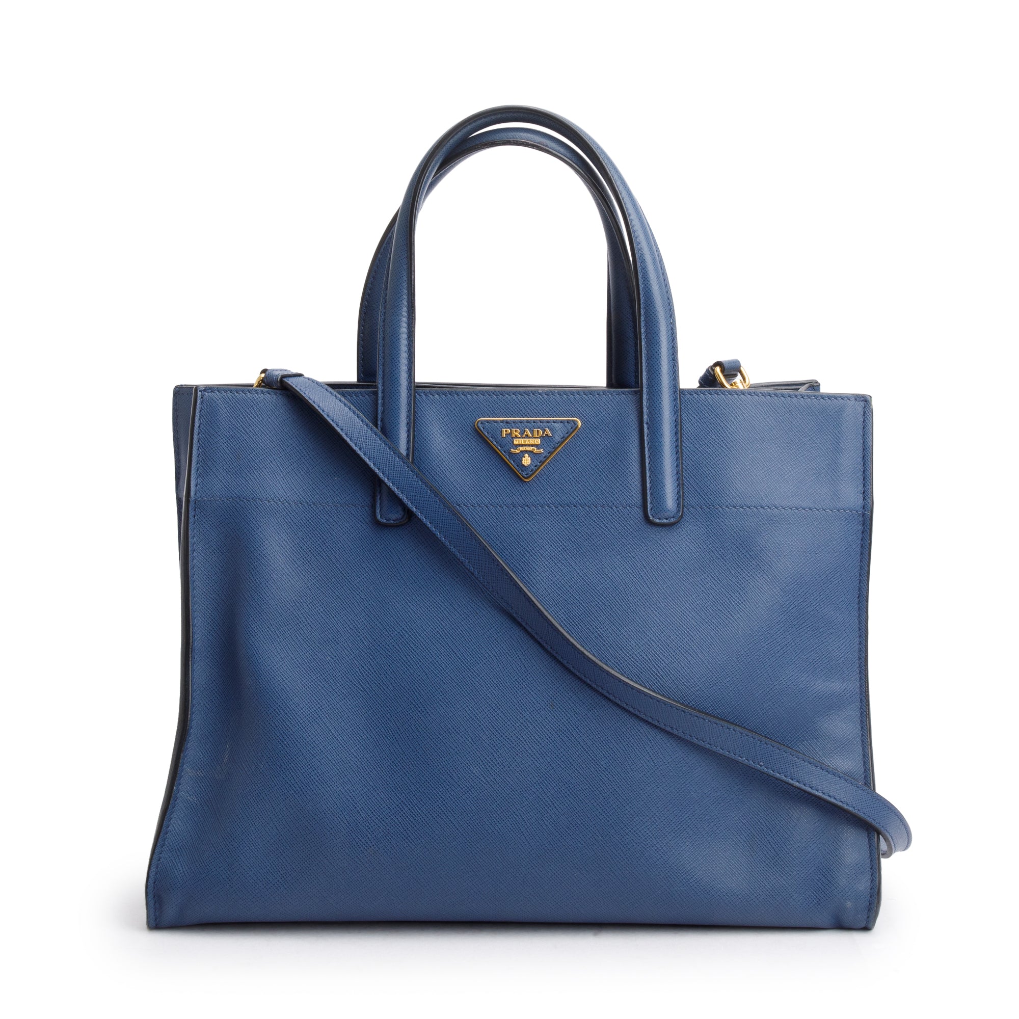Prada Blue Saffiano Soft Leather Top Handle Tote w/ Strap & Authenticity Card