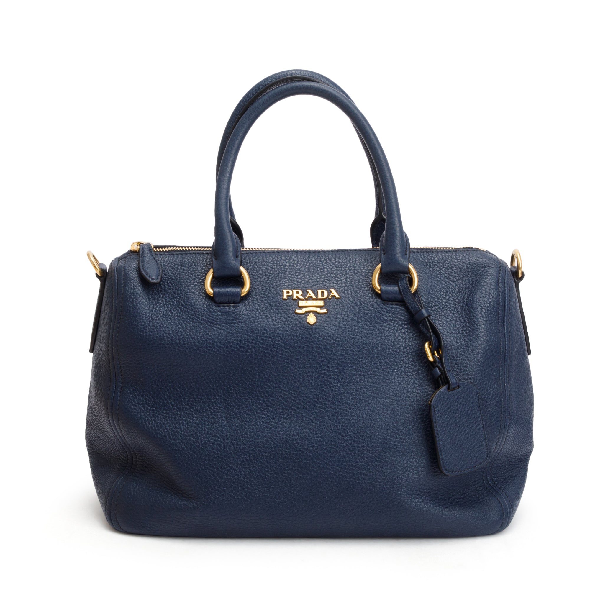 Prada Blue Vitello Phenix Leather Bauletto w/ Strap, Receipt & Authenticity Card