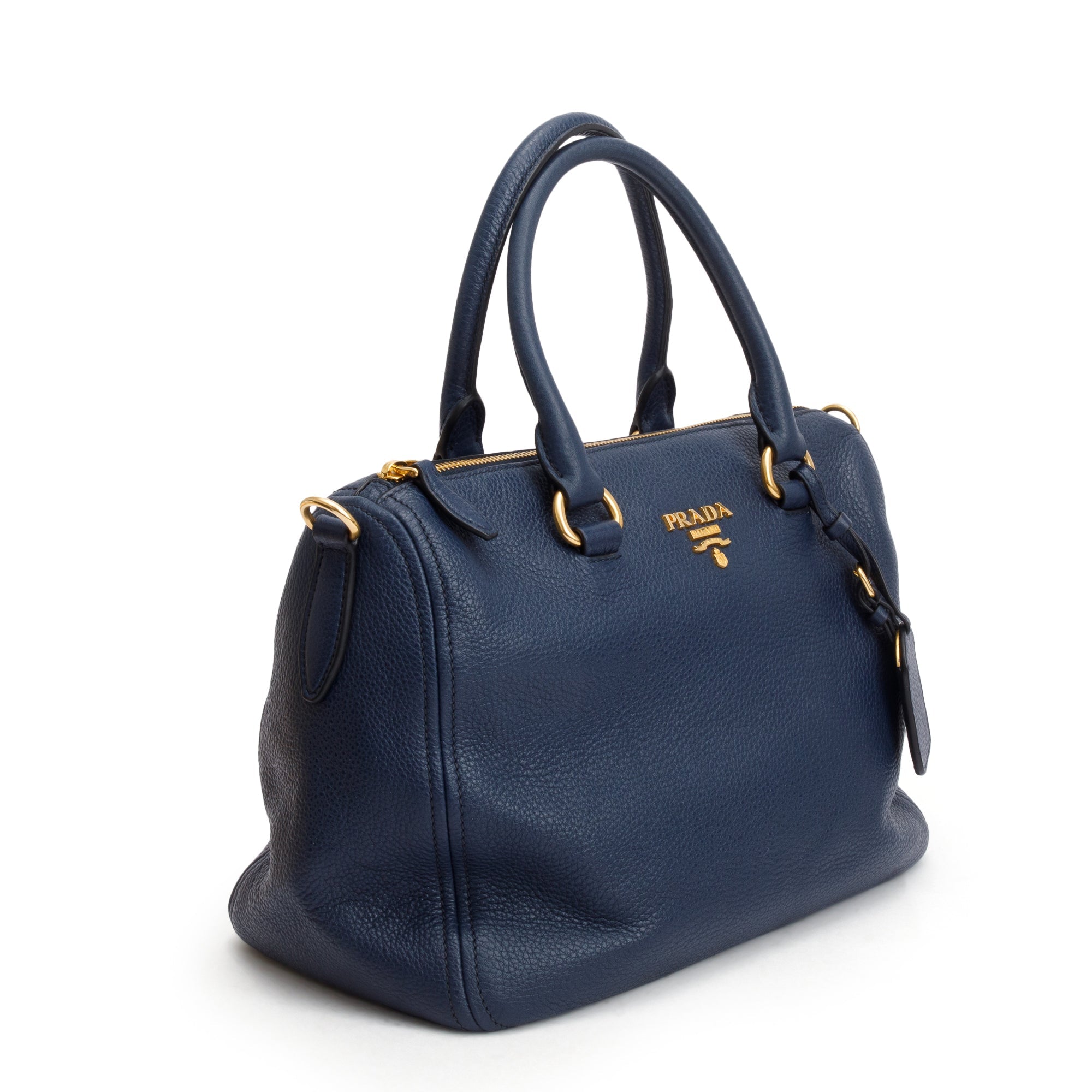 Prada Blue Vitello Phenix Leather Bauletto w/ Strap, Receipt & Authenticity Card