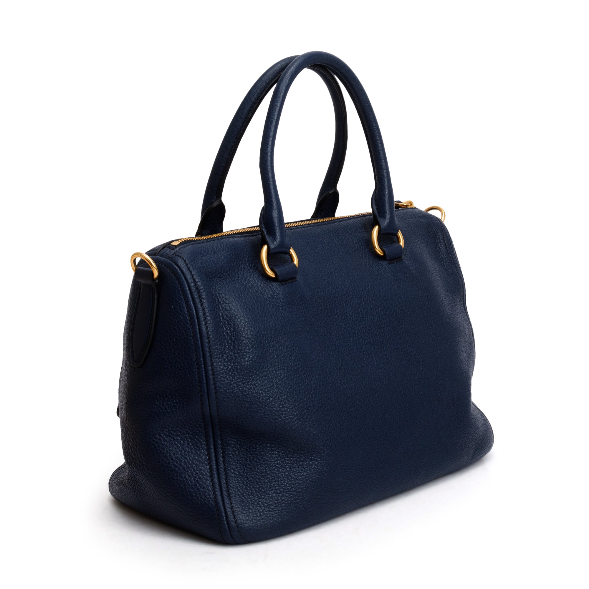 Prada Blue Vitello Phenix Leather Bauletto w/ Strap, Receipt & Authenticity Card