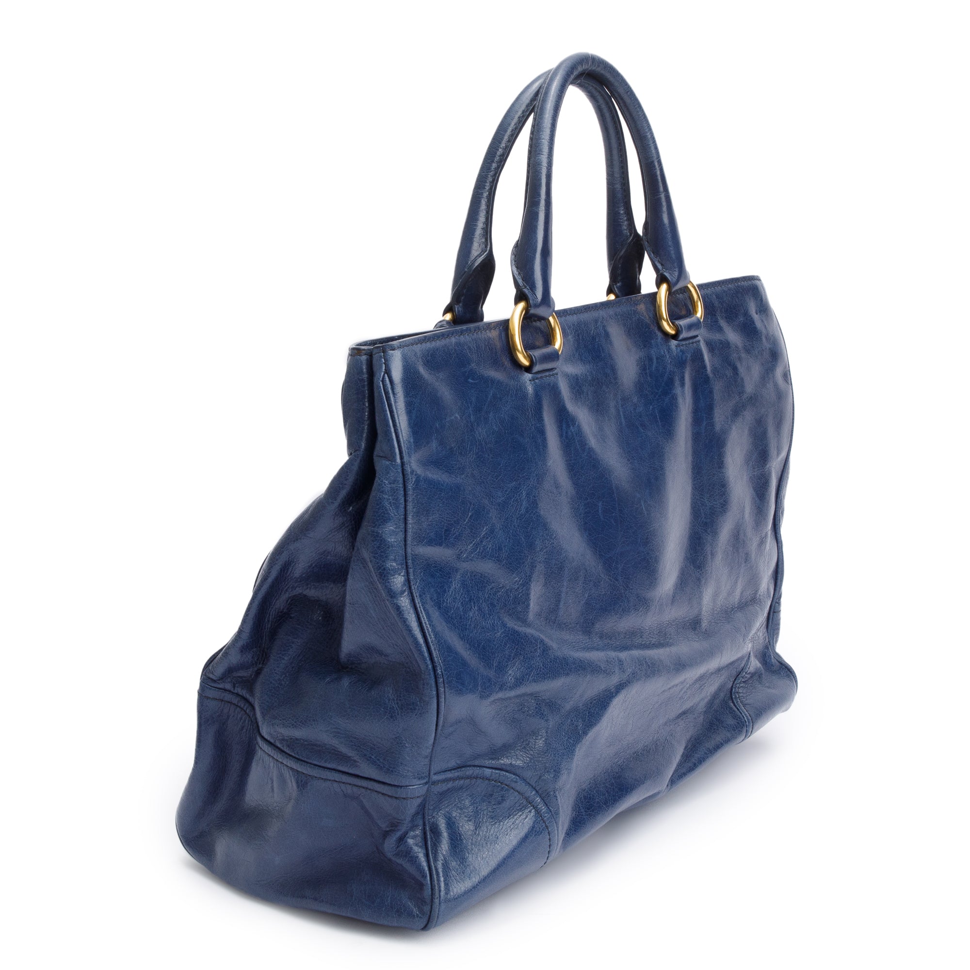 Prada Blue Vitello Shine Leather Shopping Tote w/ Strap – OLIVER'S