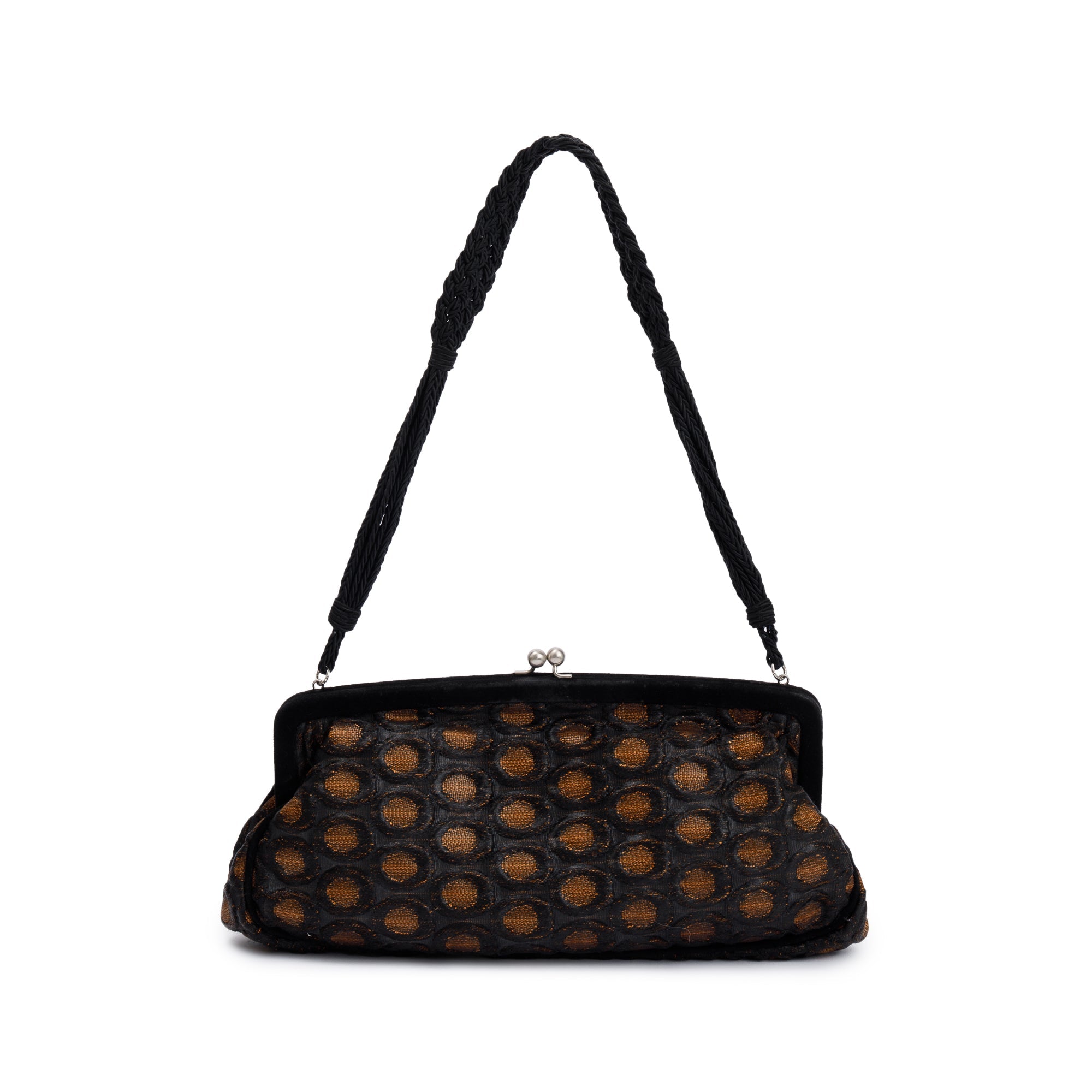 Prada Brown/ Beige Embroidered Satin Black Velvet Raso Frame Bag