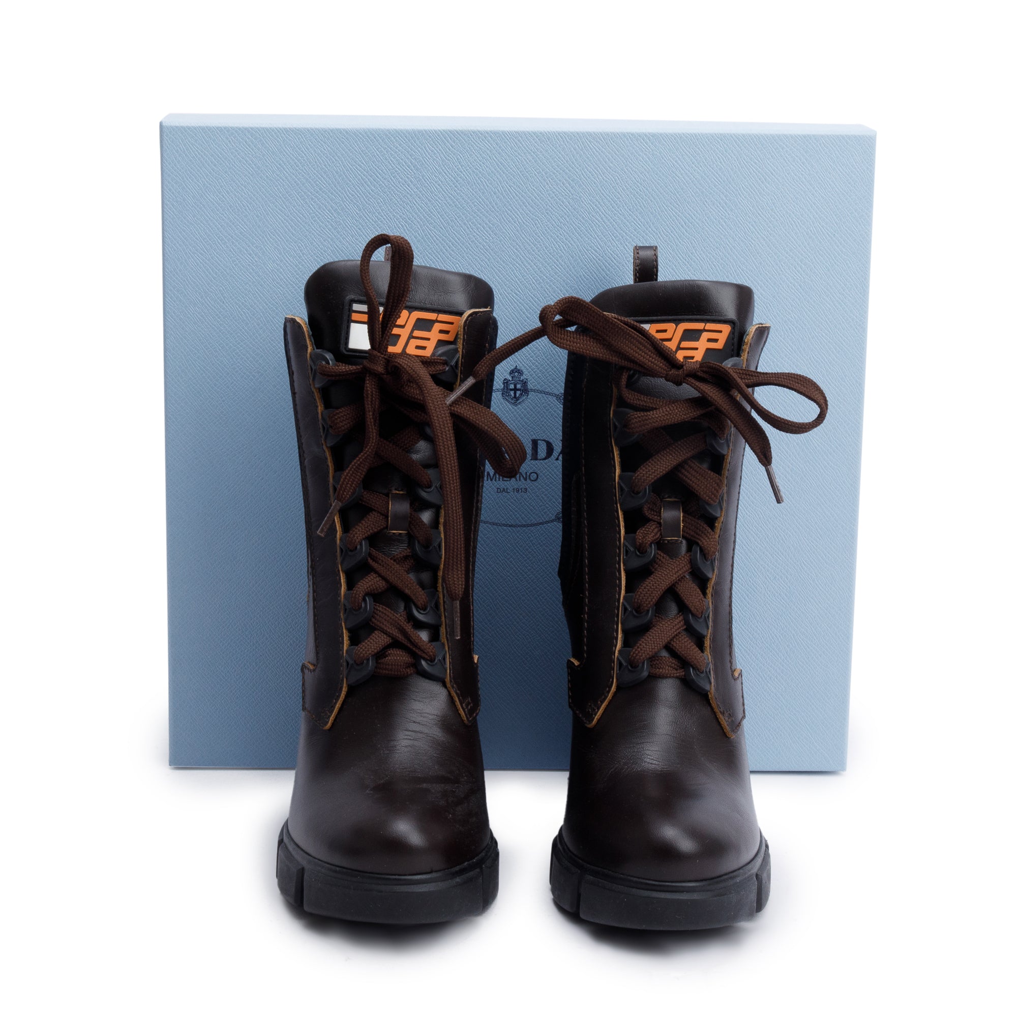 Prada Brown Leather Graphic Print Lace-Up Boots, Size 37.5 w/ Box