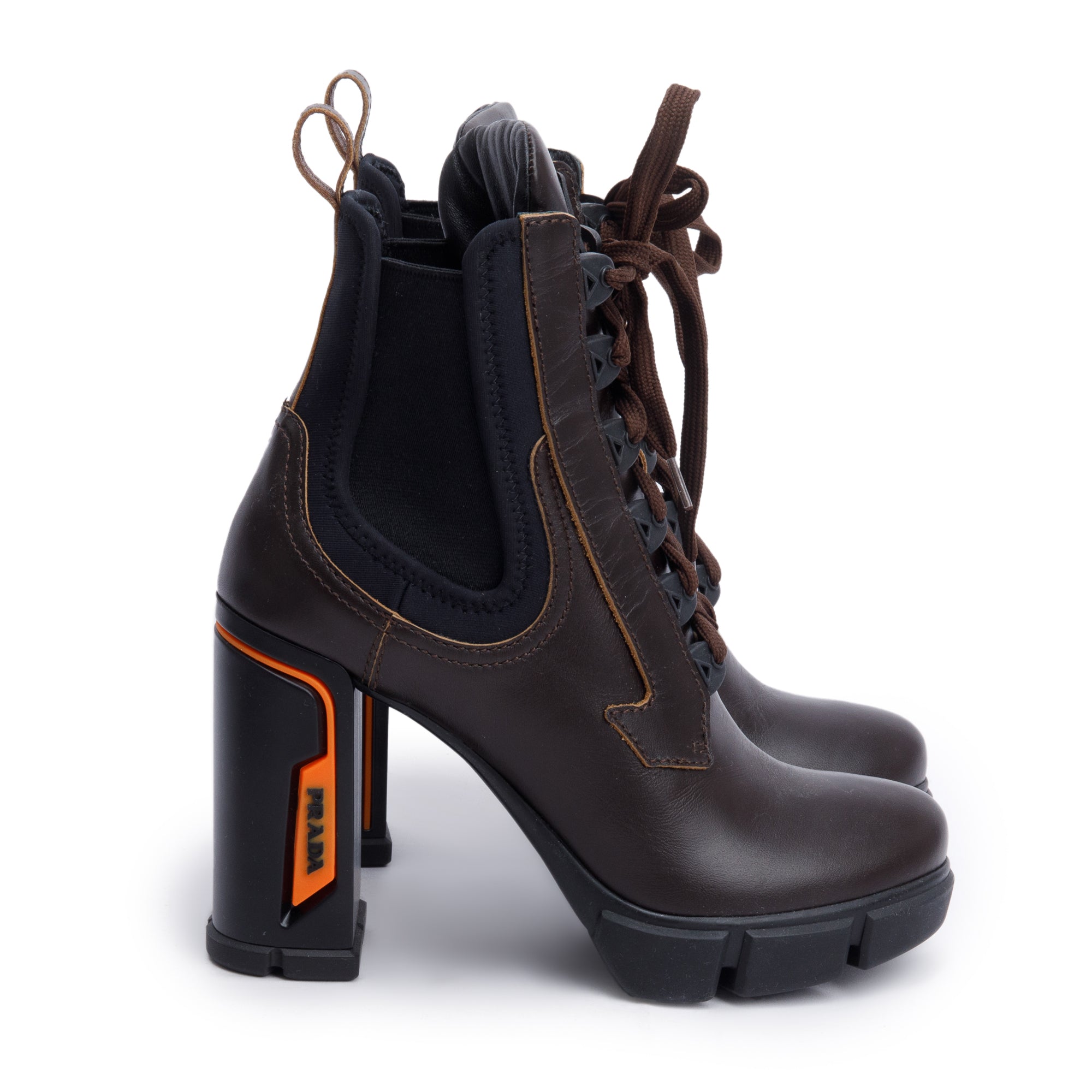 Prada Brown Leather Graphic Print Lace-Up Boots, Size 37.5 w/ Box