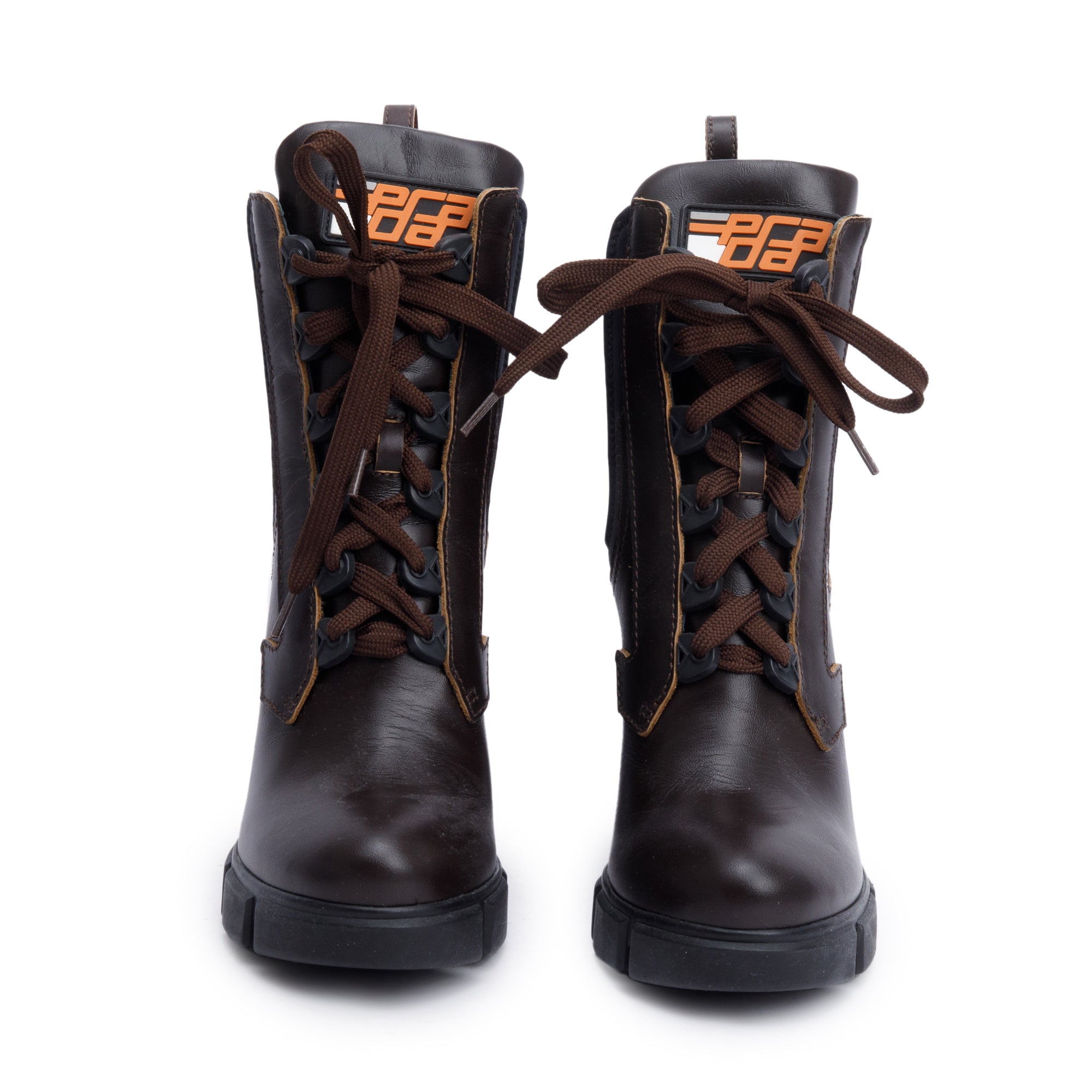 Prada Brown Leather Graphic Print Lace-Up Boots, Size 37.5 w/ Box
