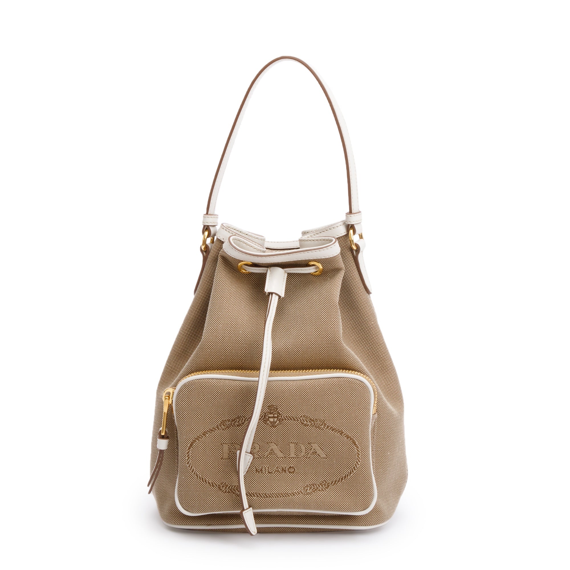 Prada Brown Logo Jacquard Bucket Bag w/ Strap & Authenticity Card