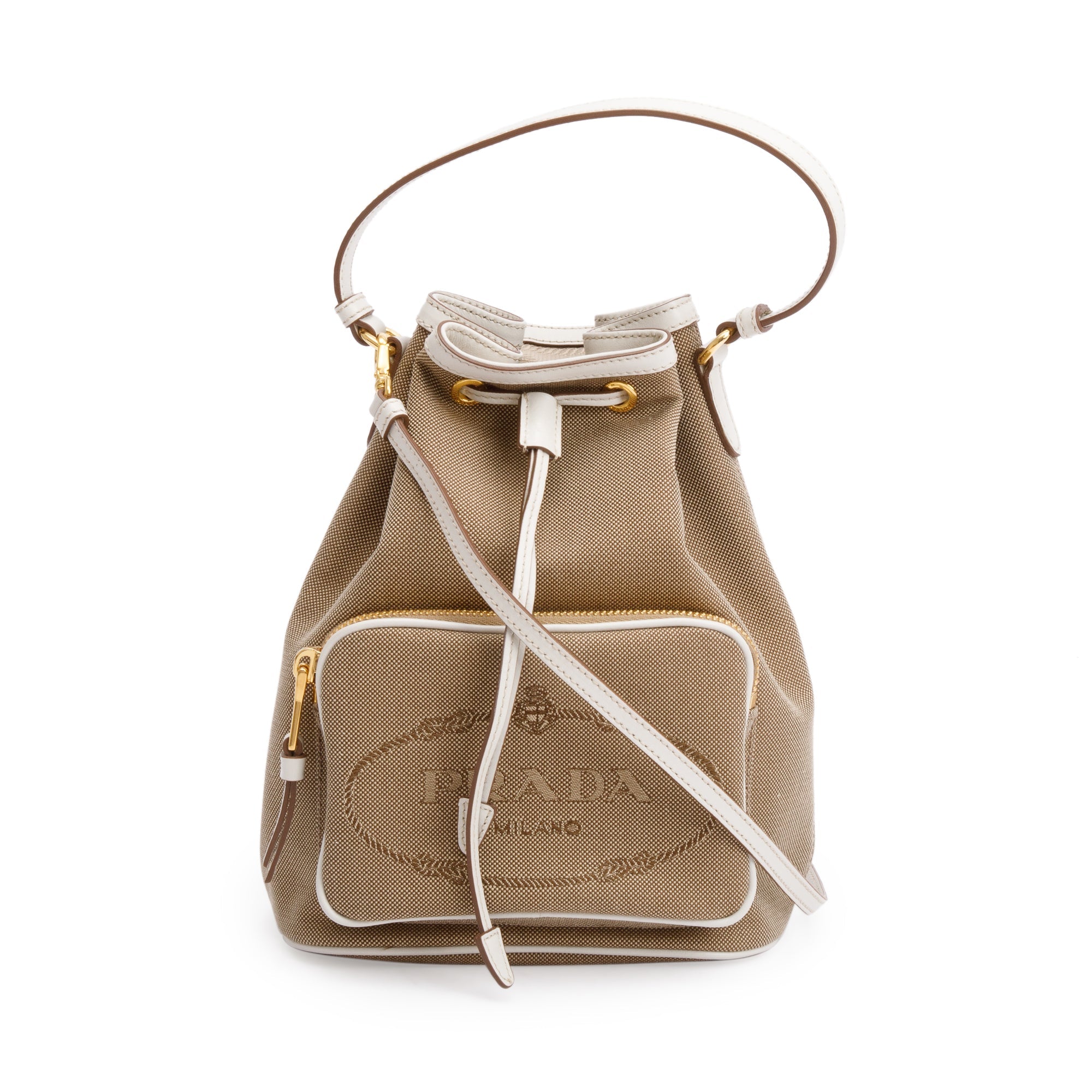 Prada Brown Logo Jacquard Bucket Bag w/ Strap & Authenticity Card