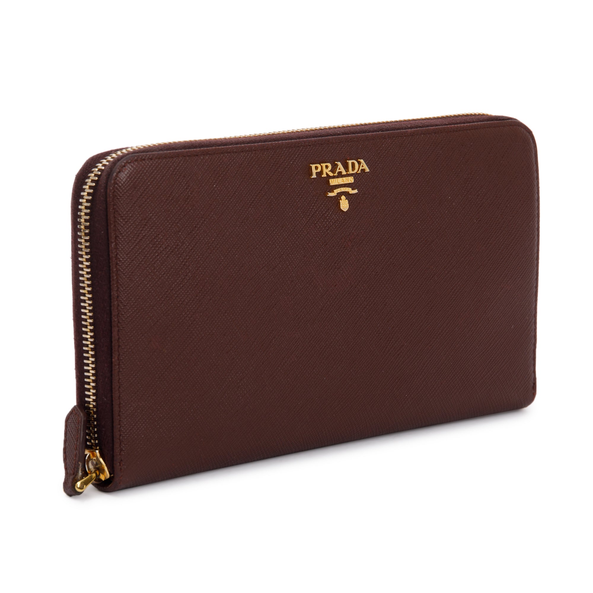 Prada Brown Saffiano Leather Zip Around Wallet