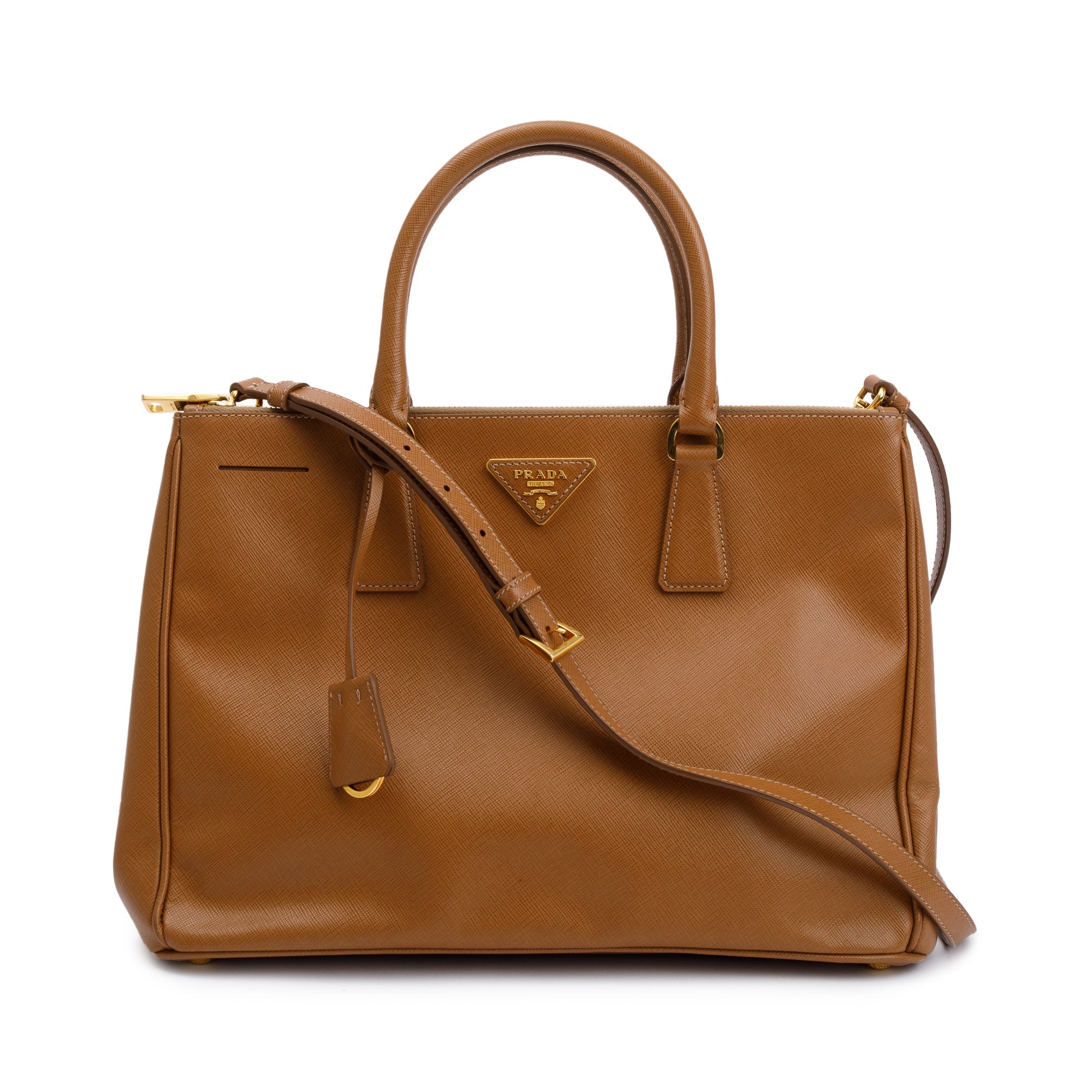 Prada Brown Saffiano Lux Medium Double Zip Galleria Tote w/ Strap