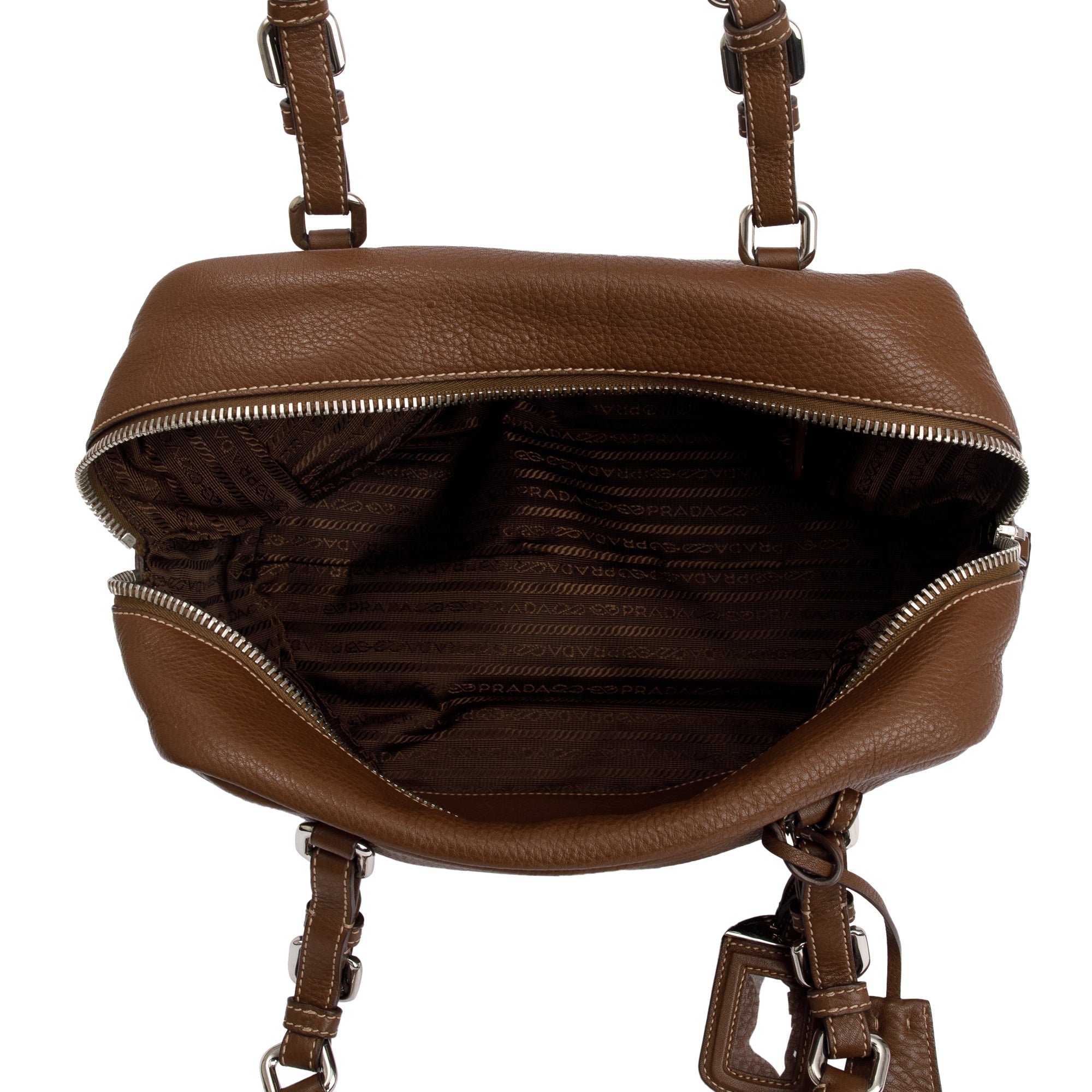 Prada Brown Vitello Daino Leather Medium Bauletto Logo Bag