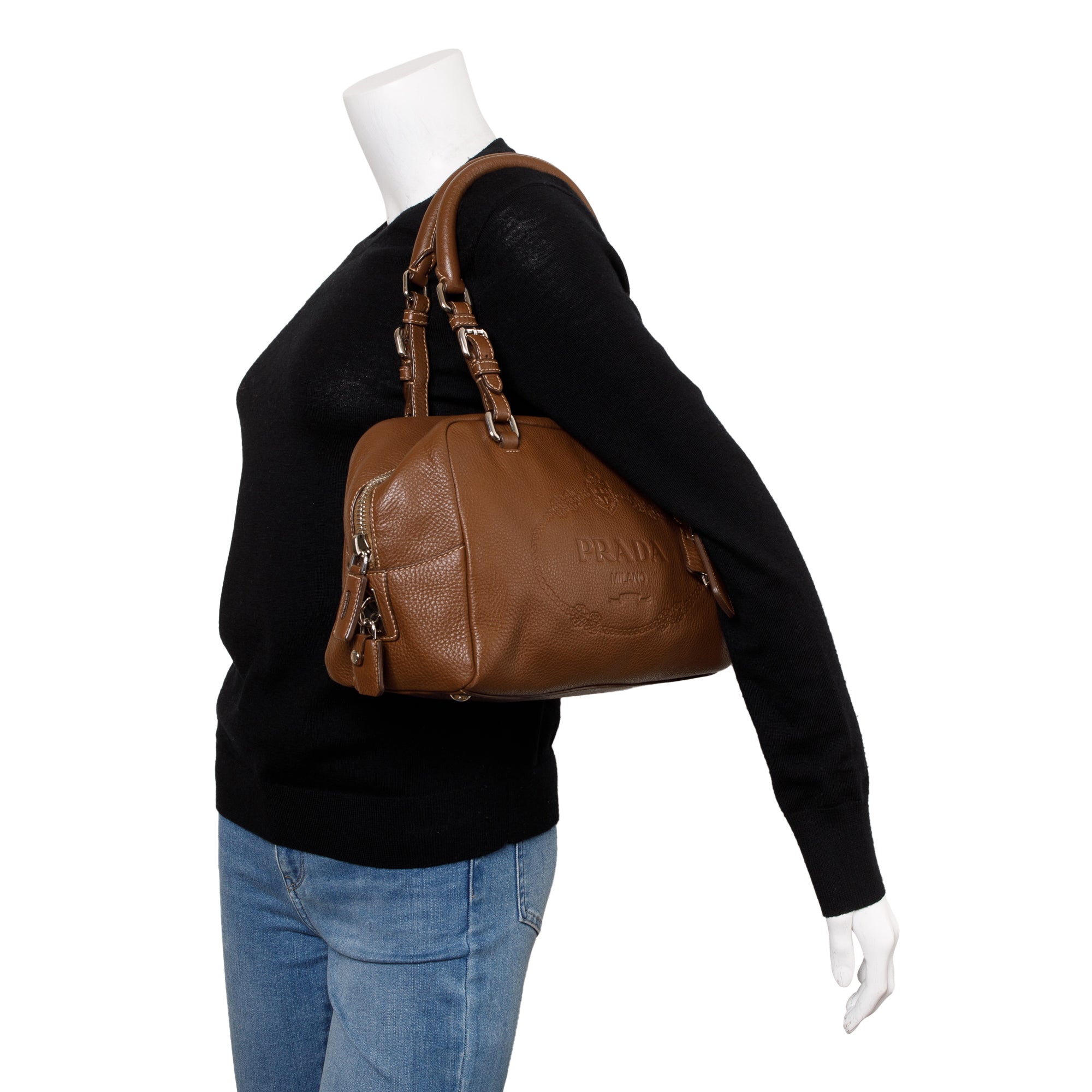 Prada Brown Vitello Daino Leather Medium Bauletto Logo Bag