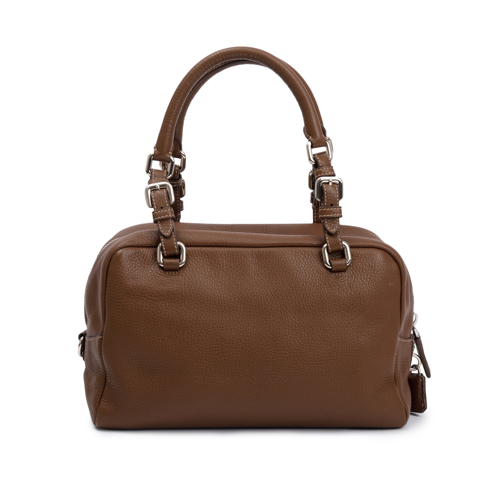 Prada Brown Vitello Daino Leather Medium Bauletto Logo Bag