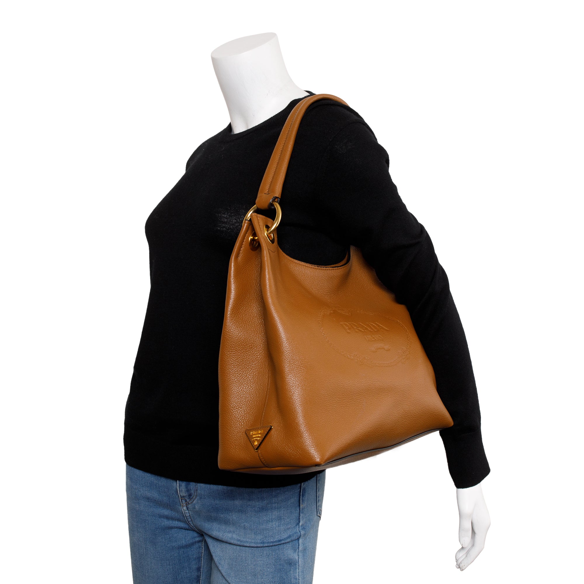 Prada Brown Vitello Daino Medium Logo Hobo Bag w/ Authenticity Card