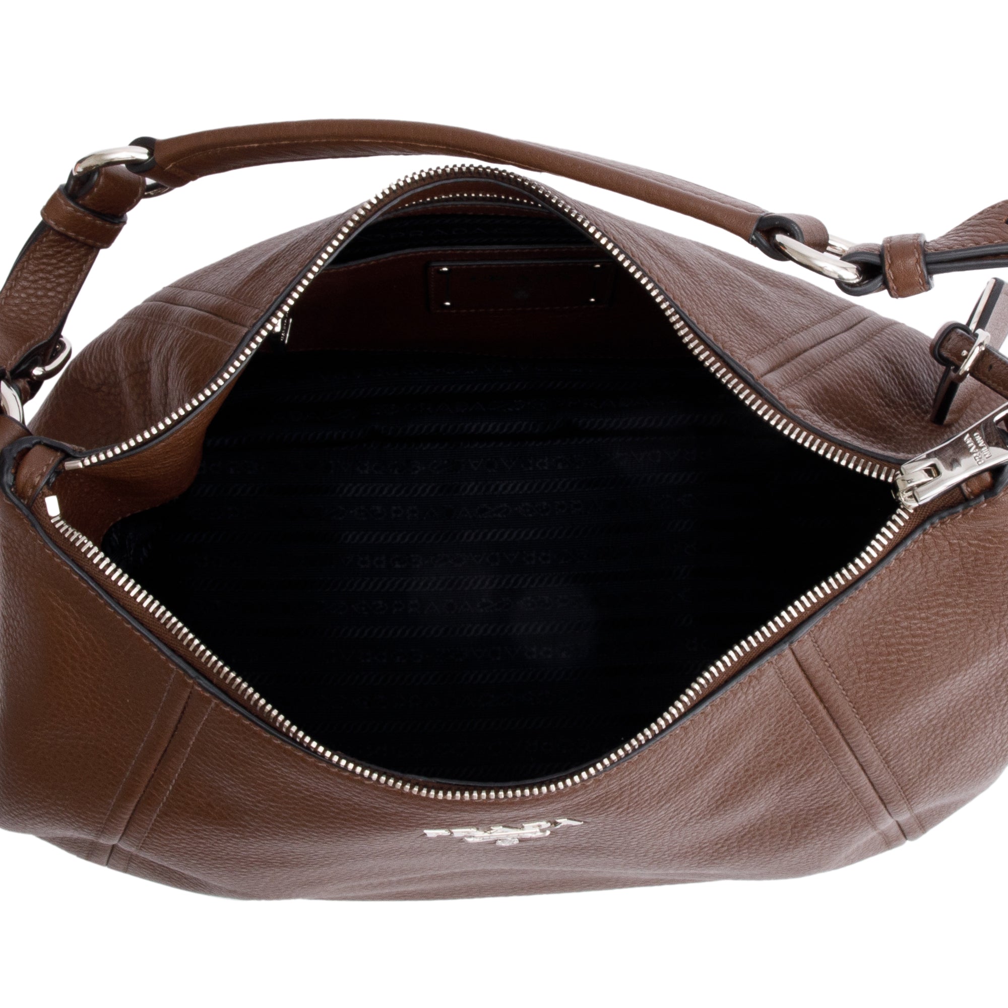 Prada Brown Vitello Phenix Leather Zip Top Hobo Bag