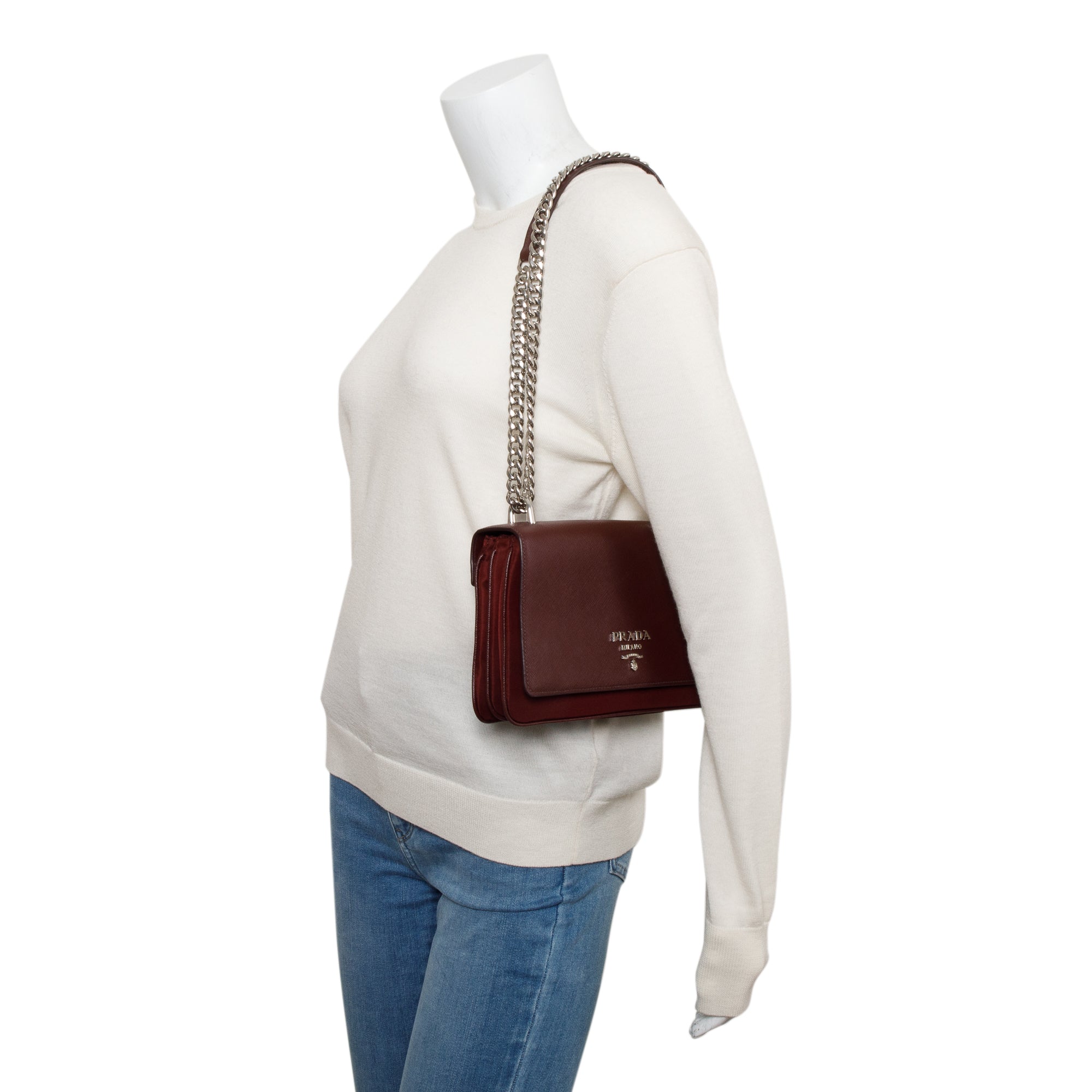 Prada Burgundy Tessuto Saffiano Leather Flap Shoulder Bag w/ Authenticity Card
