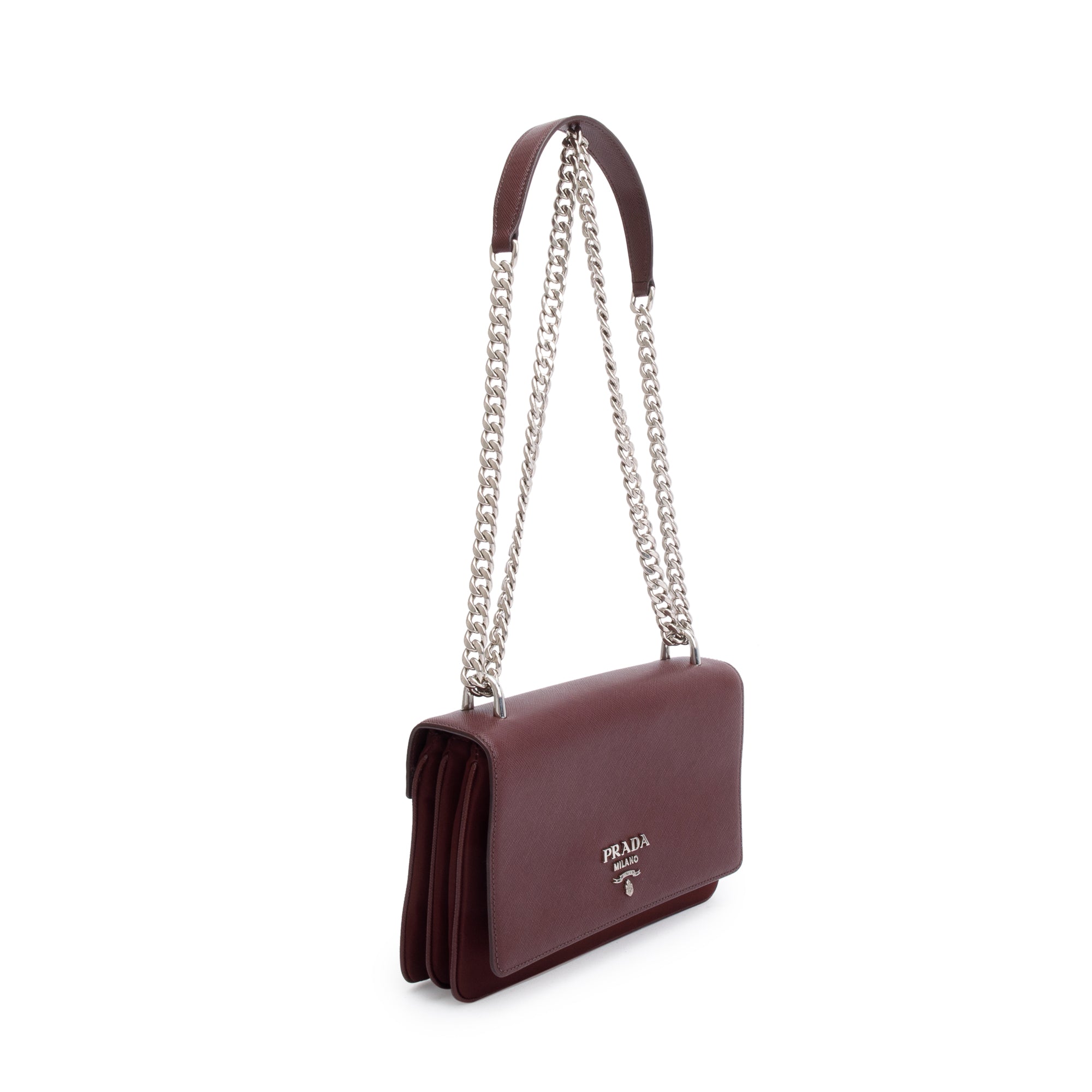 Prada Burgundy Tessuto Saffiano Leather Flap Shoulder Bag w/ Authenticity Card
