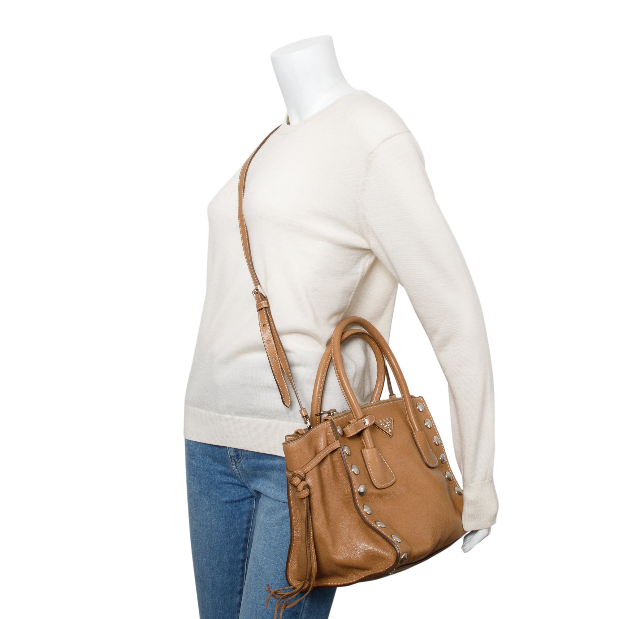 Prada Caramel Glace Calf Studded Twin Pocket Tote w/ Strap