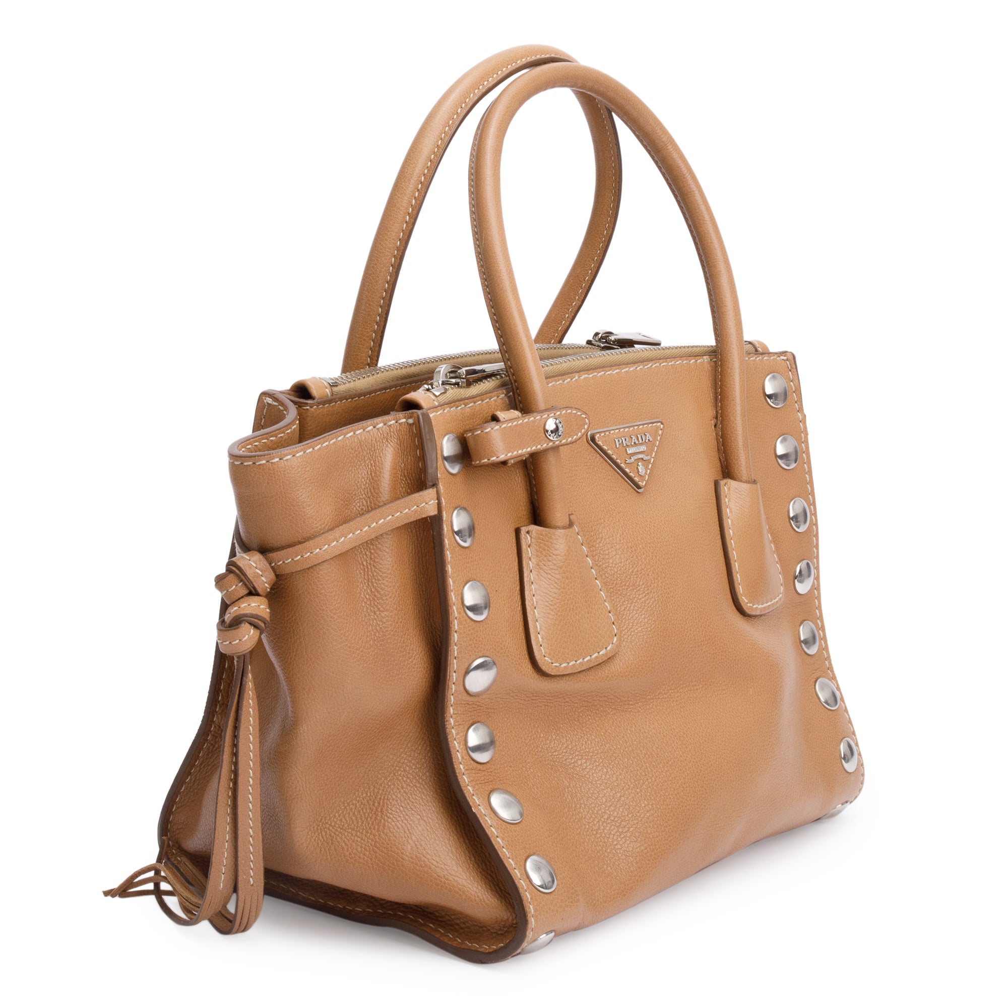 Prada Caramel Glace Calf Studded Twin Pocket Tote w/ Strap