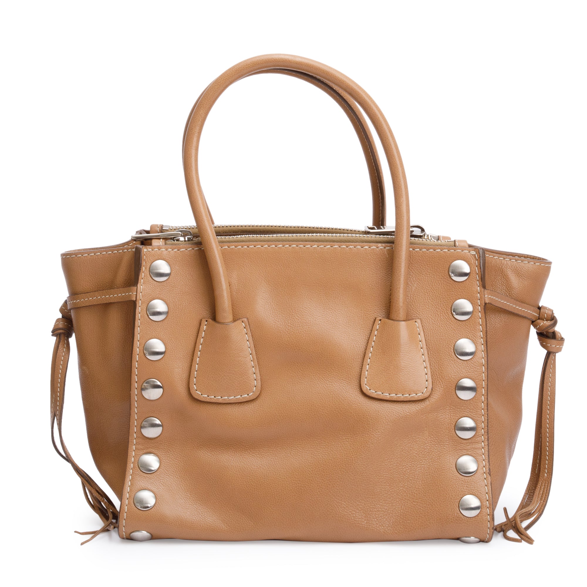 Prada Caramel Glace Calf Studded Twin Pocket Tote w/ Strap