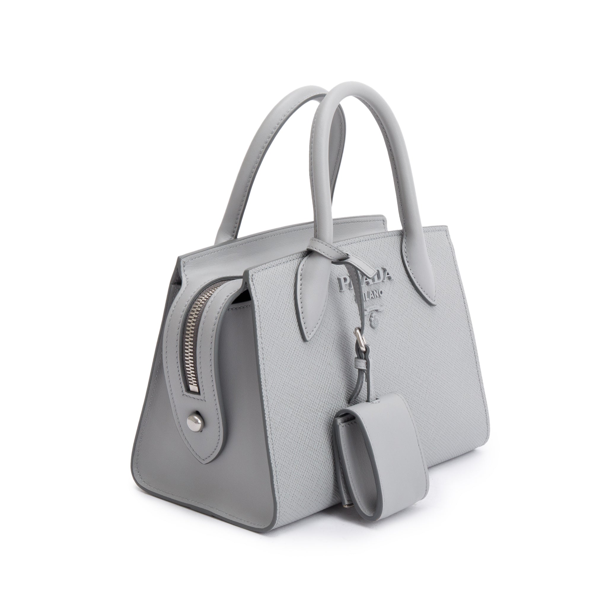 Prada Grey Saffiano Cuir Mini Monochrome Top Handle Tote w/ Strap
