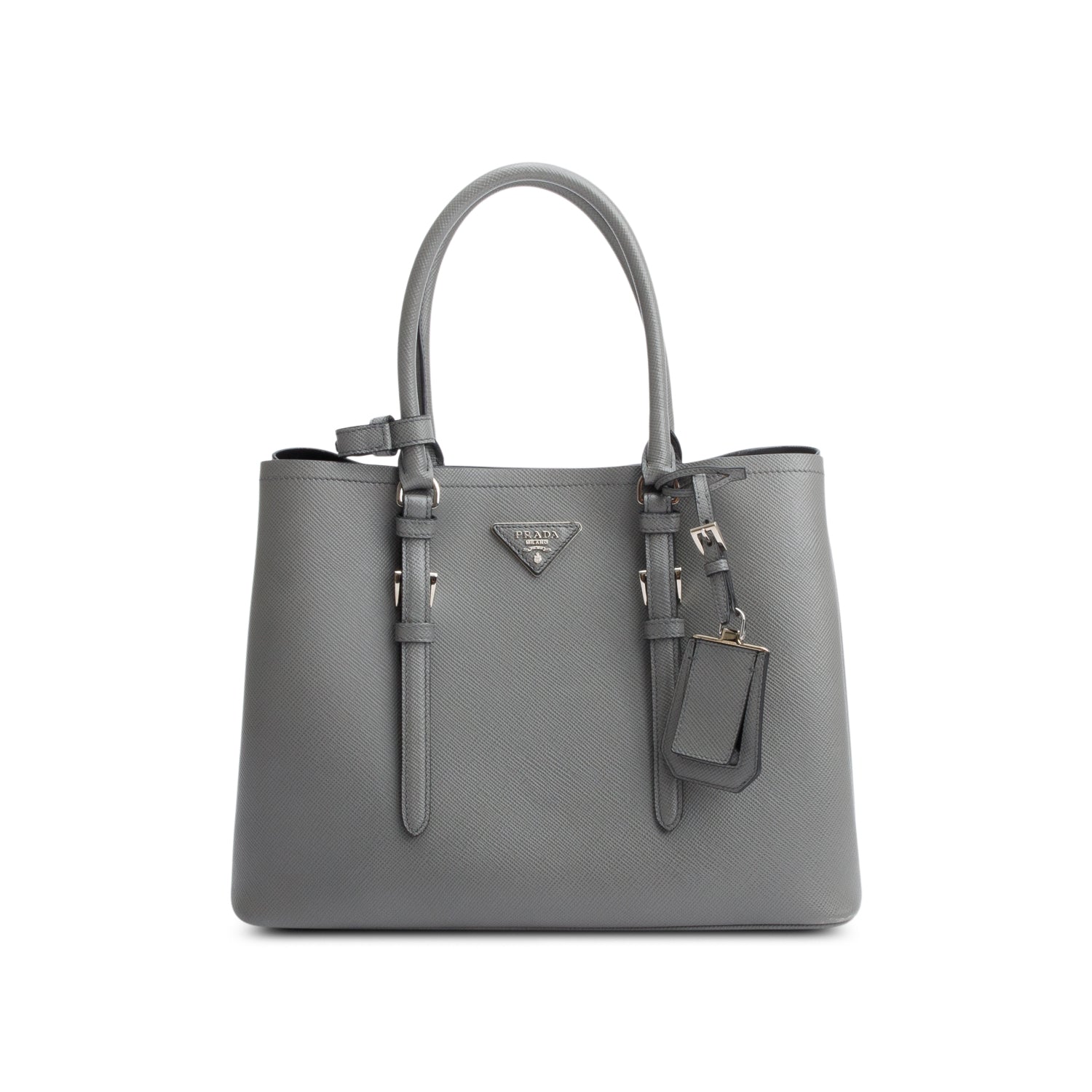 Prada Grey Saffiano Lux Medium Cuir Double Tote w/ Strap