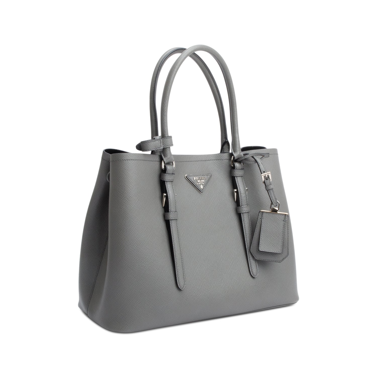 Prada Grey Saffiano Lux Medium Cuir Double Tote w/ Strap