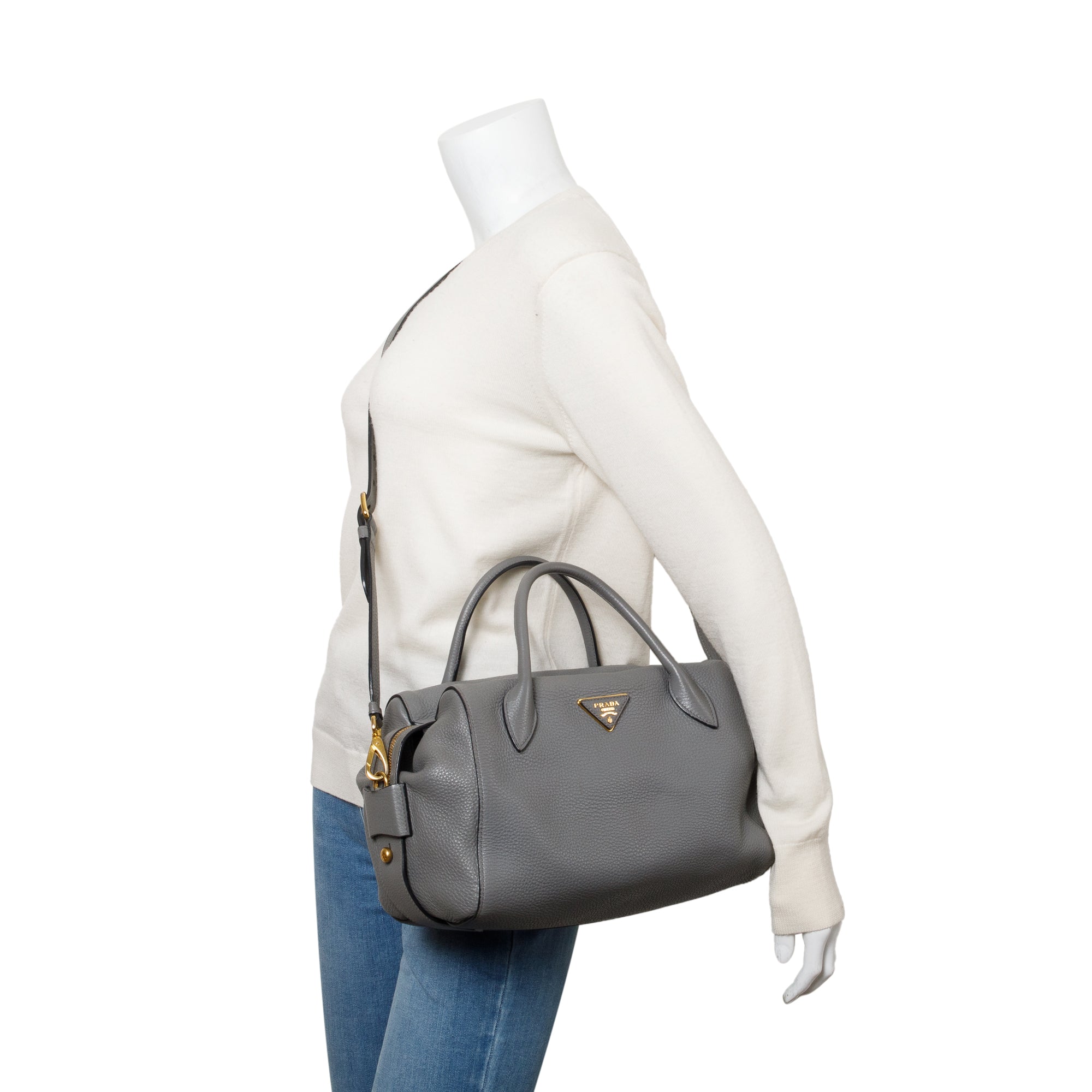 Prada Grey Vitello Daino Leather Baulleto Tote w/ Strap