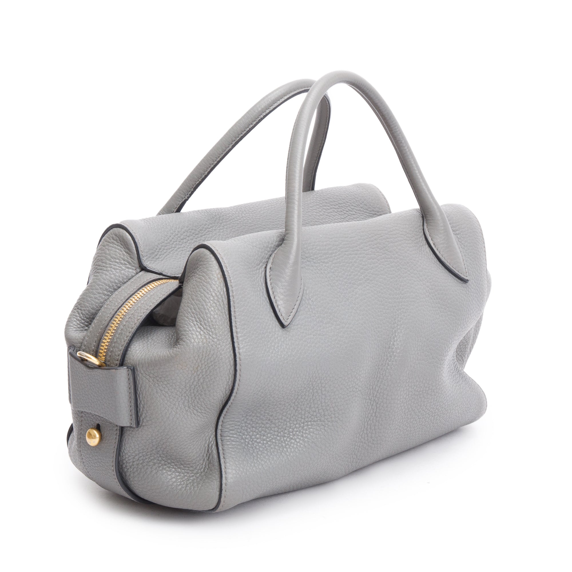 Prada Grey Vitello Daino Leather Baulleto Tote w/ Strap