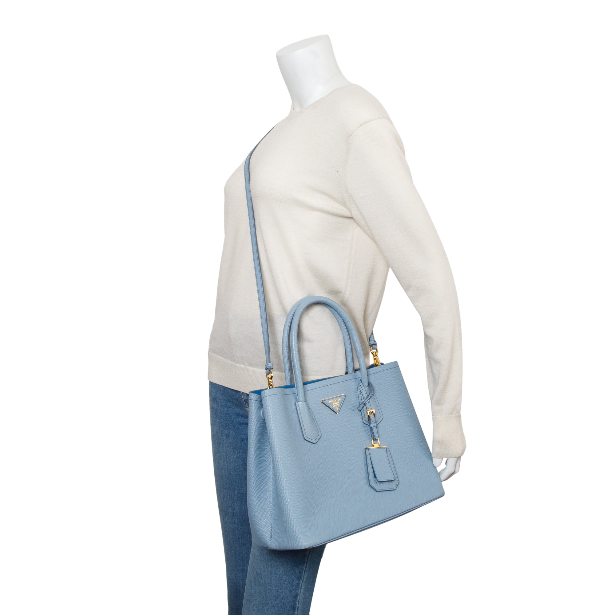 Prada Light Blue Saffiano Lux Medium Cuir Double Tote w/ Strap & Authenticity Card