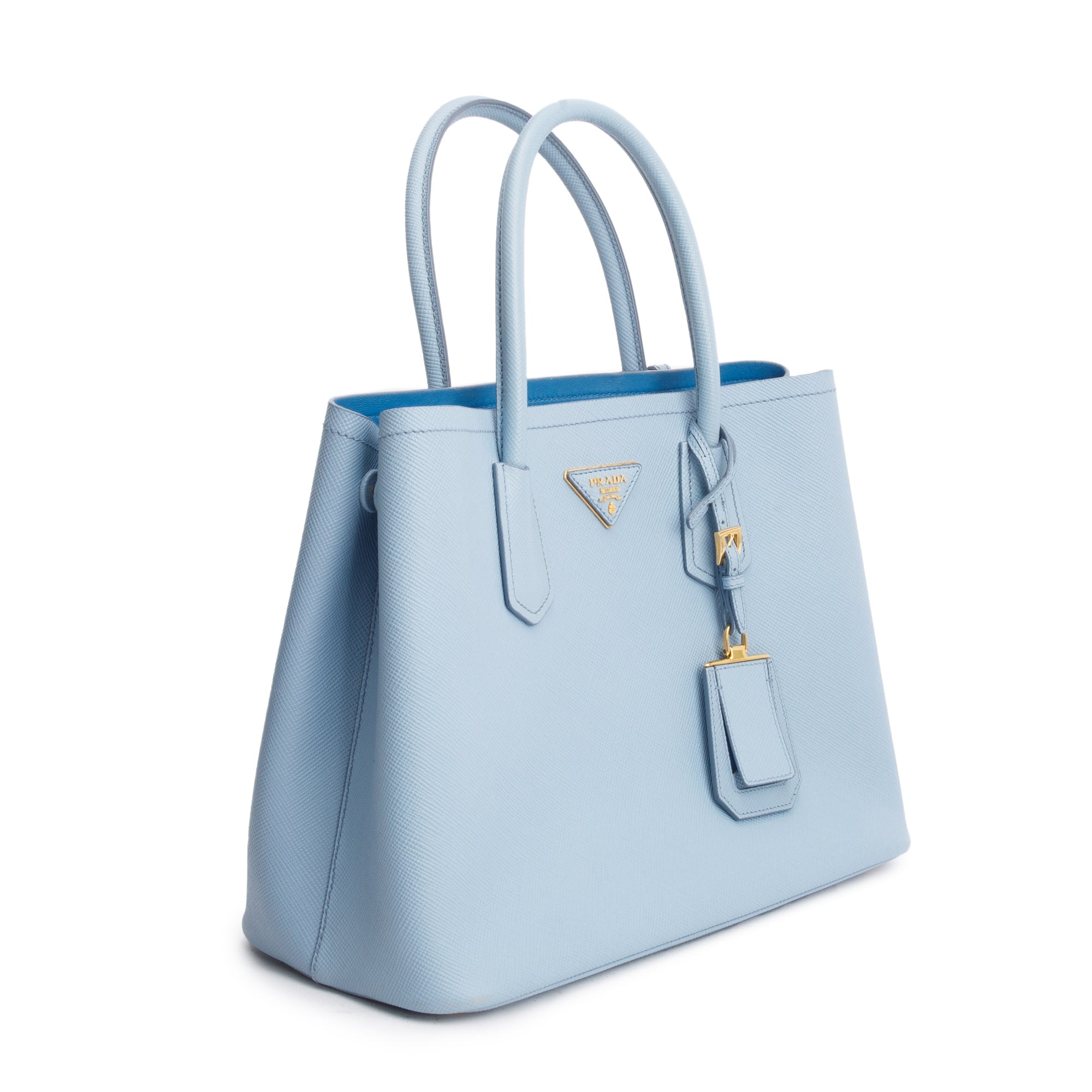 Prada Light Blue Saffiano Lux Medium Cuir Double Tote w/ Strap & Authenticity Card