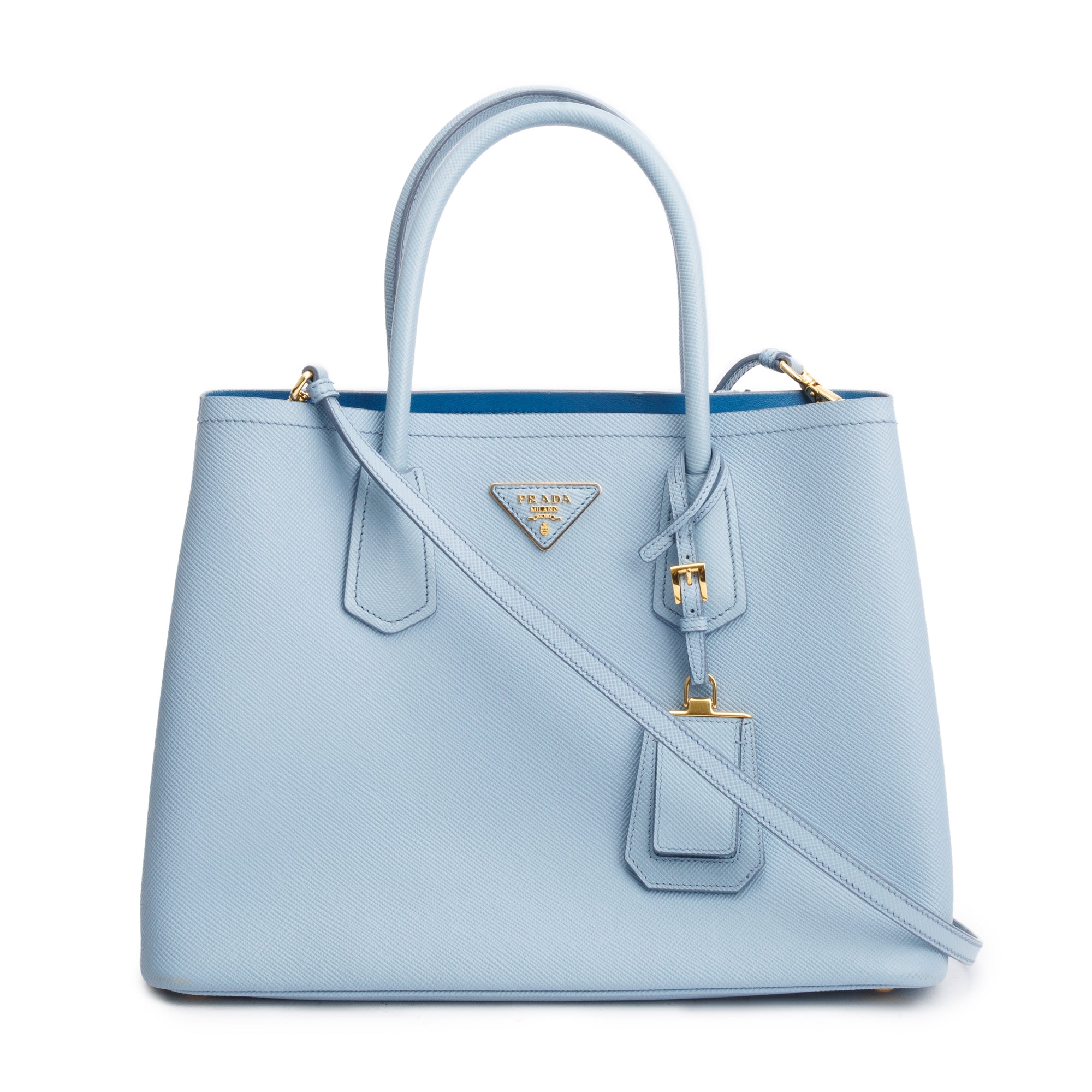 Prada Light Blue Saffiano Lux Medium Cuir Double Tote w/ Strap & Authenticity Card