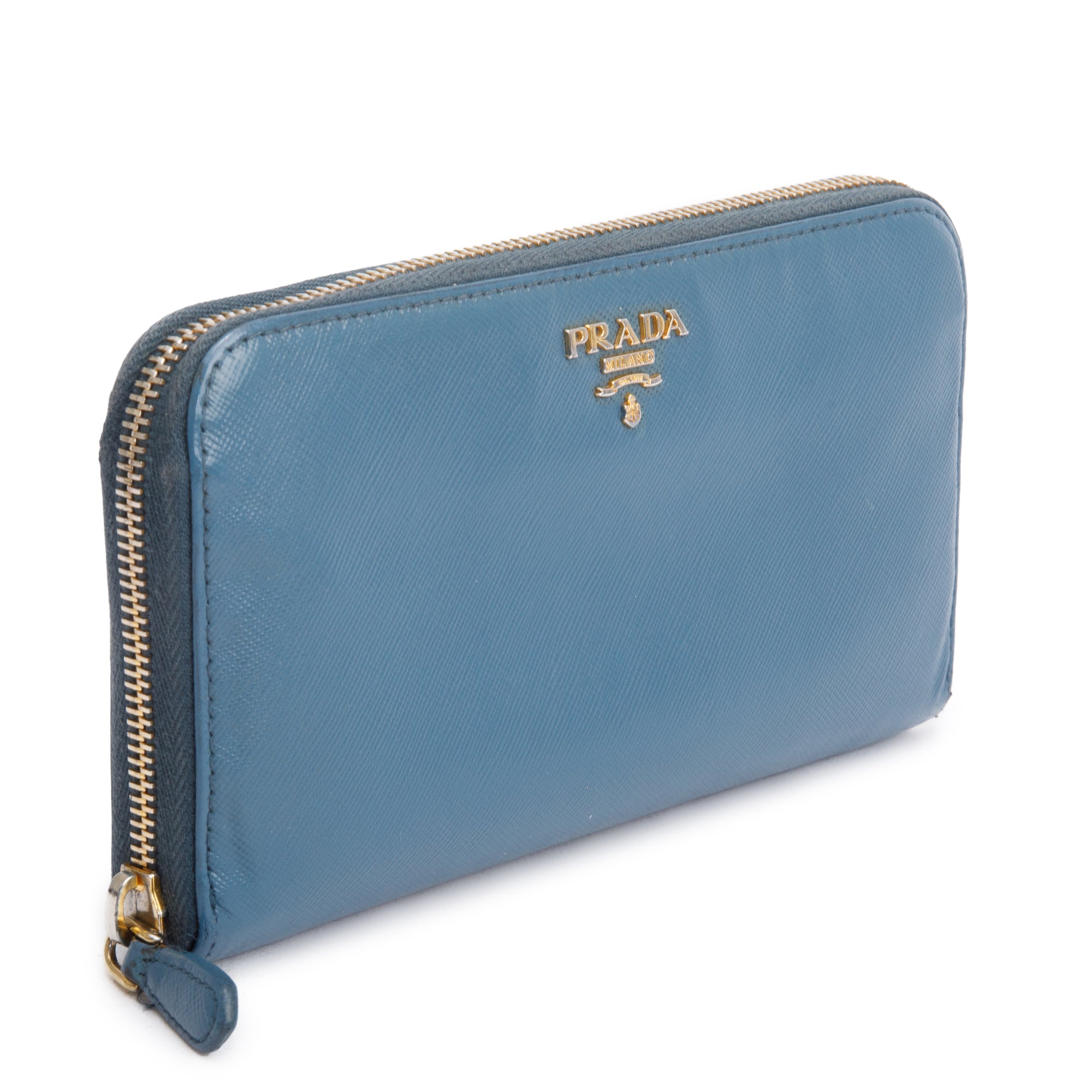 Prada Marine Saffiano Metal Leather Zip Around Wallet w/ Box & Card