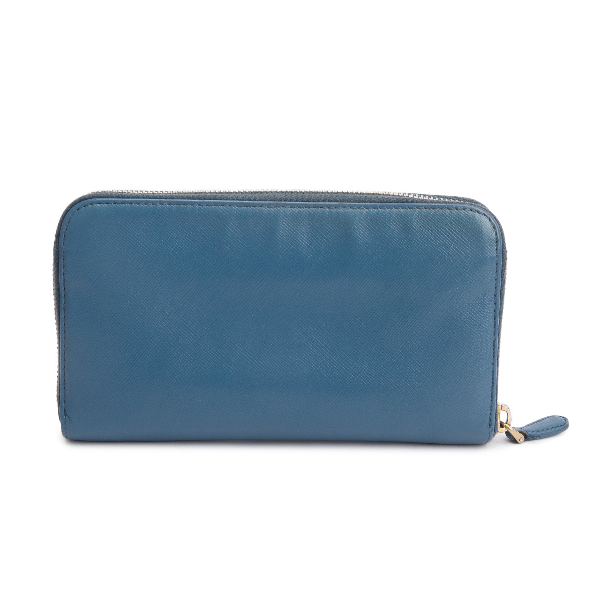 Prada Marine Saffiano Metal Leather Zip Around Wallet w/ Box & Card