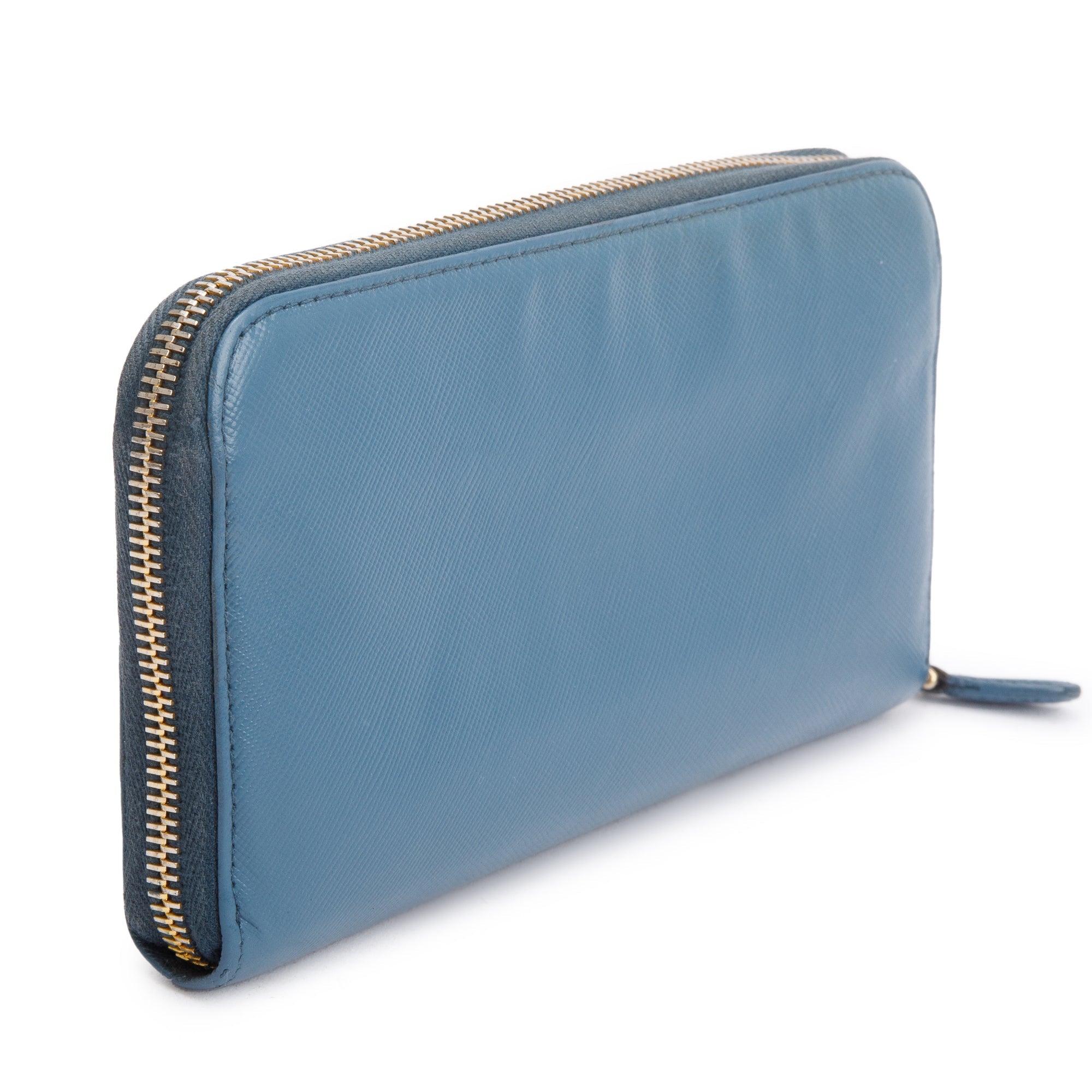 Prada Marine Saffiano Metal Leather Zip Around Wallet w/ Box & Card