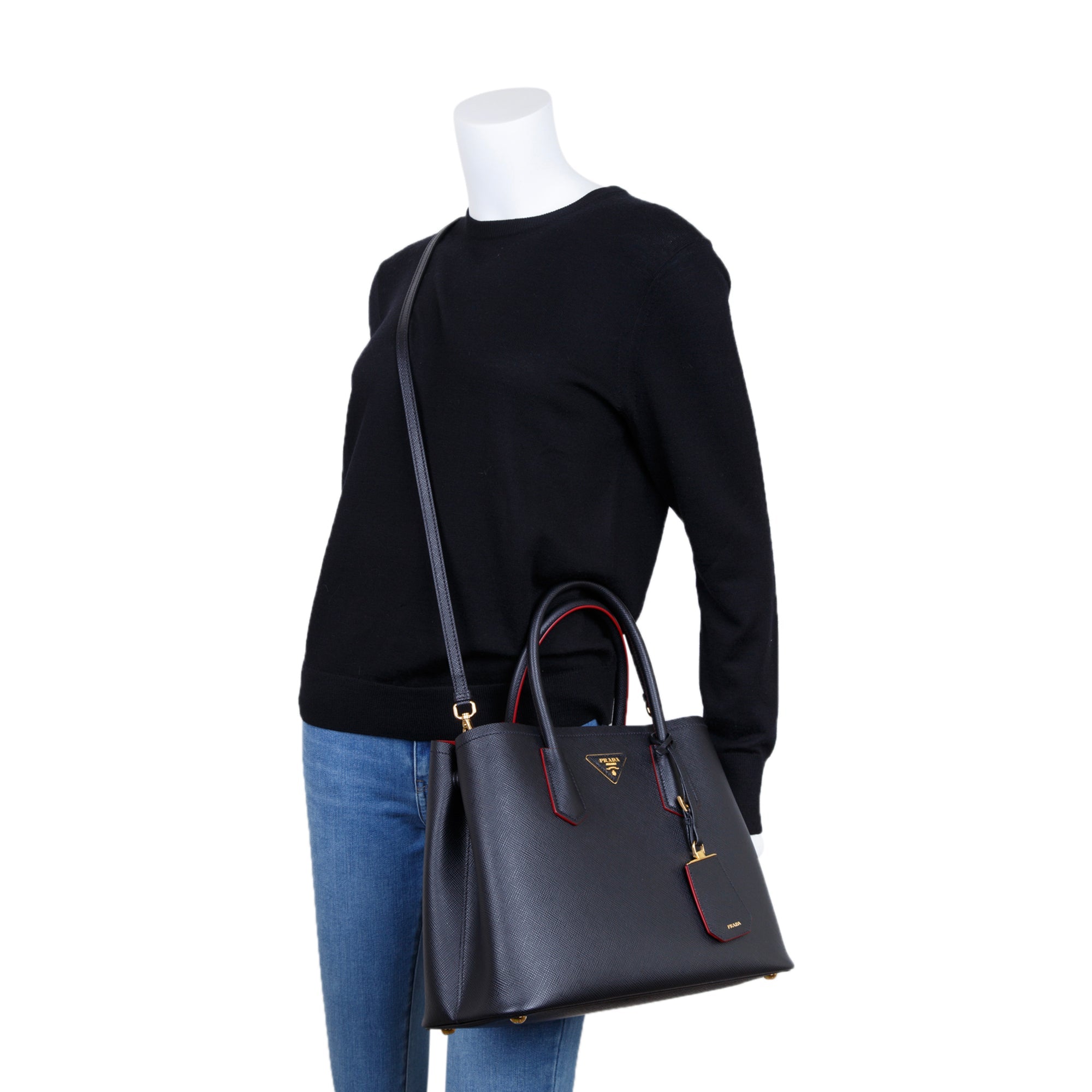 Prada Medium Saffiano Cuir Double Tote w/ Strap & Authenticity Card