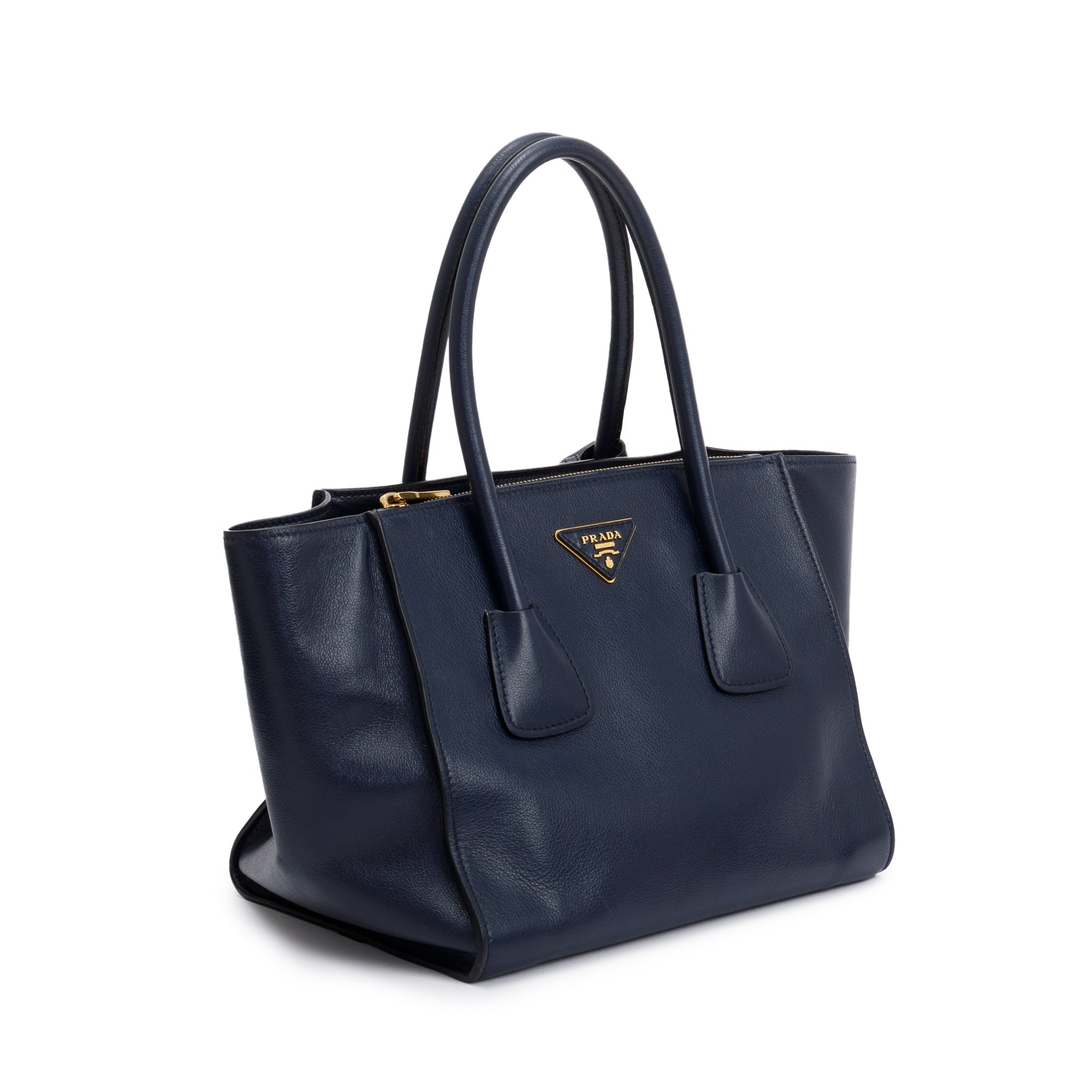 Prada Navy City Calf Small Twin Pocket Tote w/ Strap