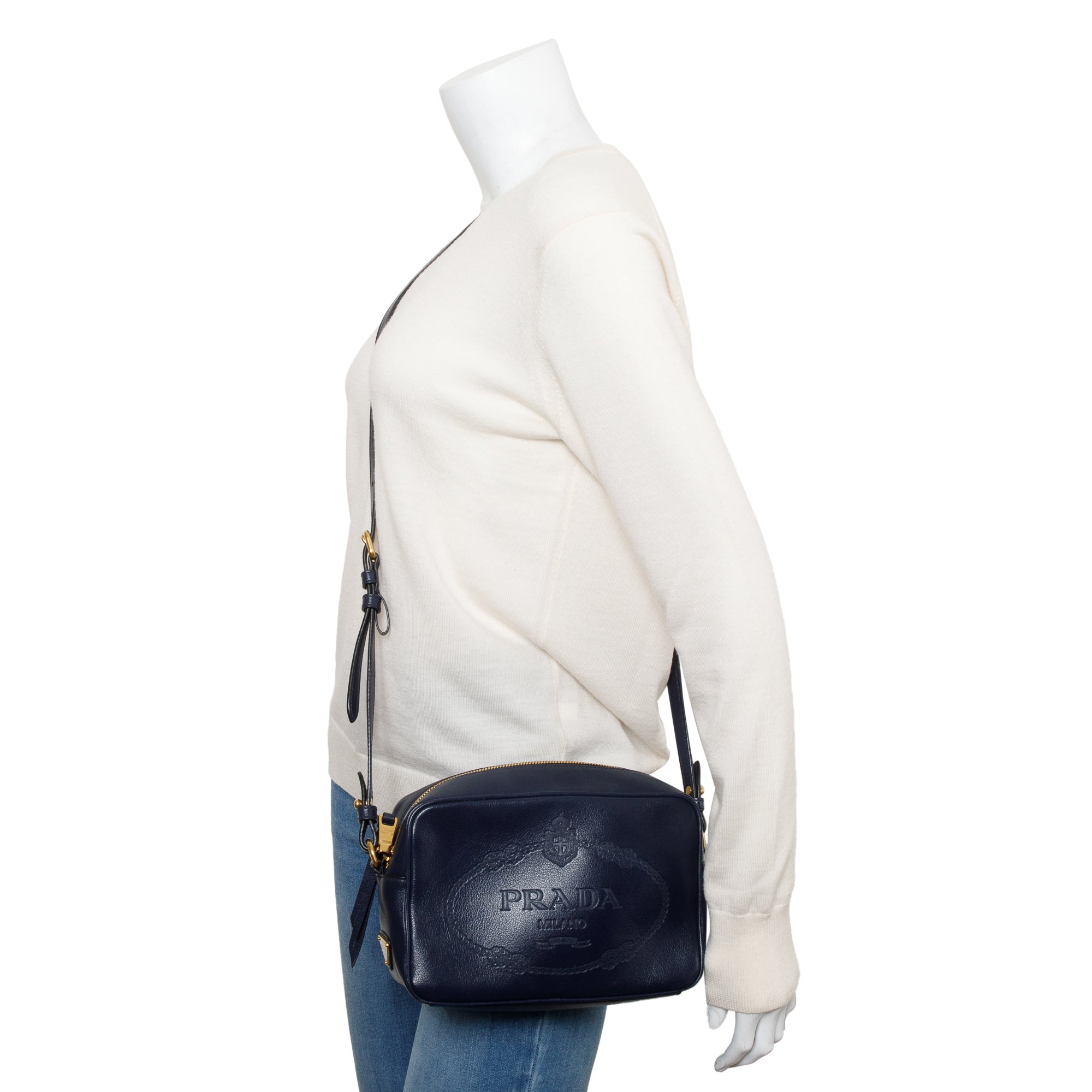 Prada Navy Glace Calf Leather Logo Camera Crossbody Bag w/ Authenticity Card