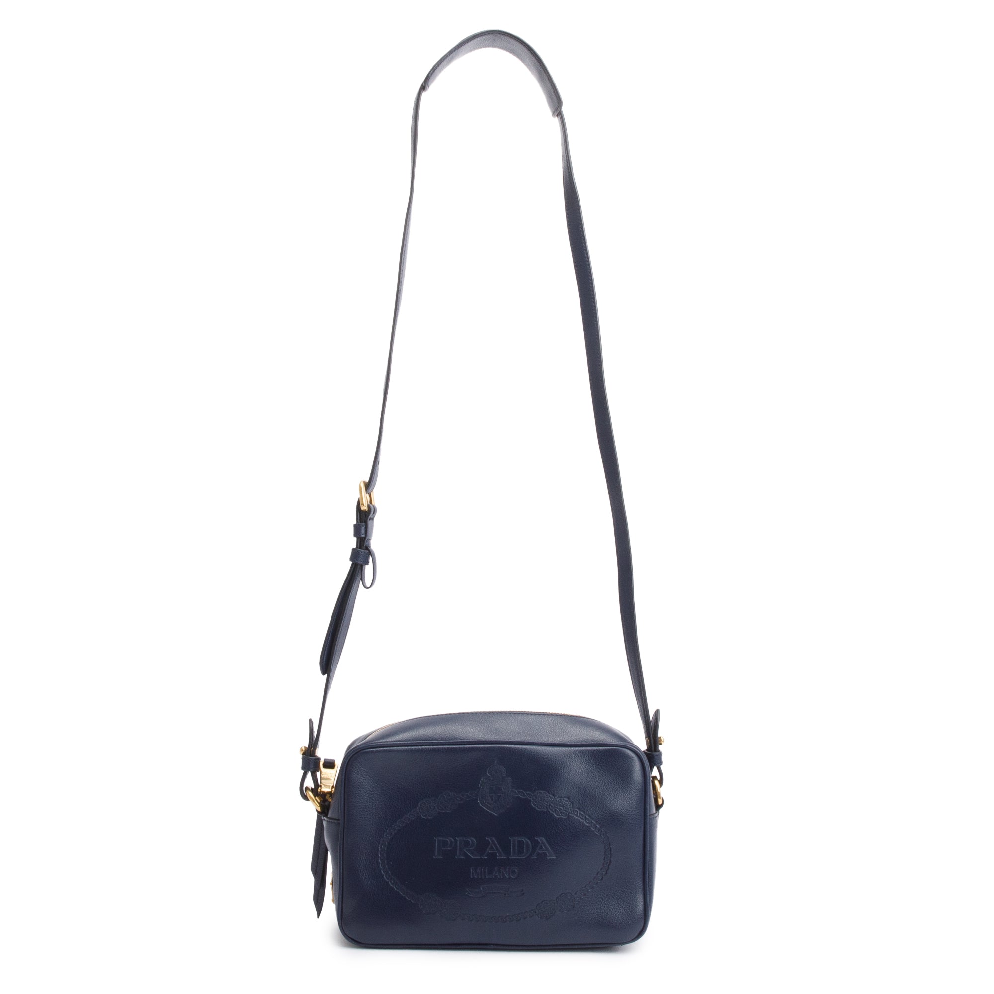 Prada Navy Glace Calf Leather Logo Camera Crossbody Bag w/ Authenticity Card