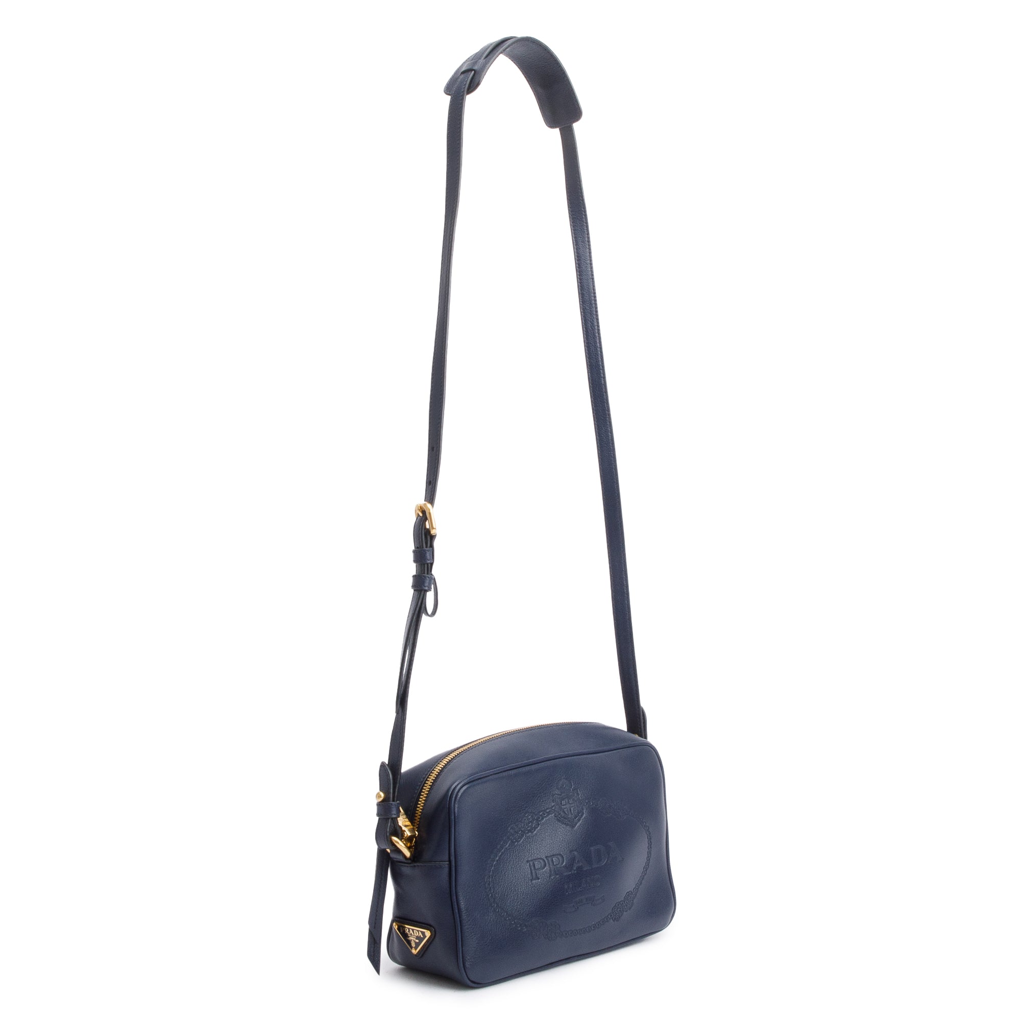 Prada Navy Glace Calf Leather Logo Camera Crossbody Bag w/ Authenticity Card