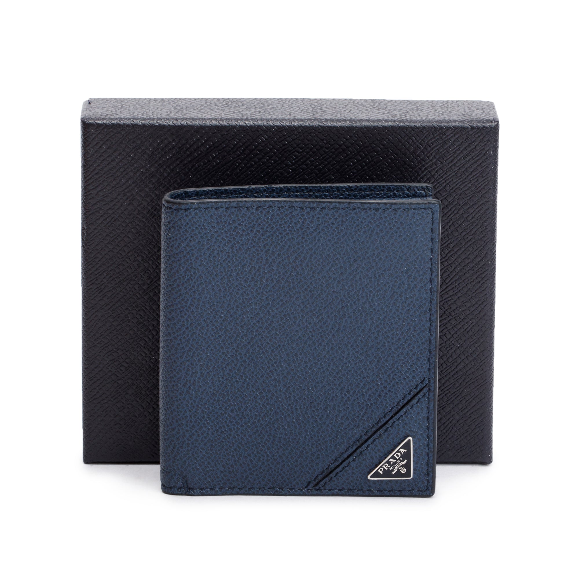 Prada Navy Leather Bi-Fold Wallet w/ Box