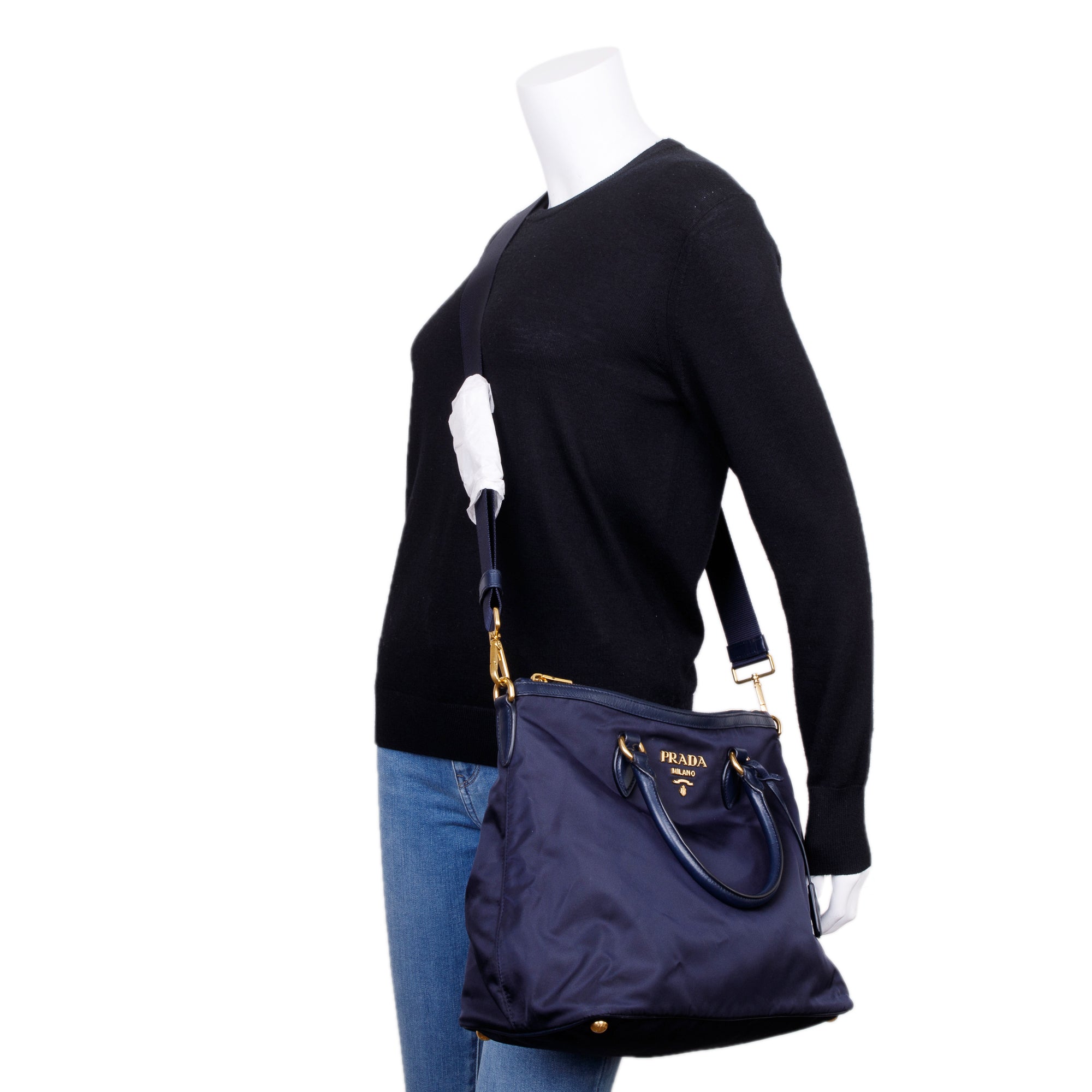Prada Navy Leather Trimmed Tessuto Nylon Tote w/ Strap