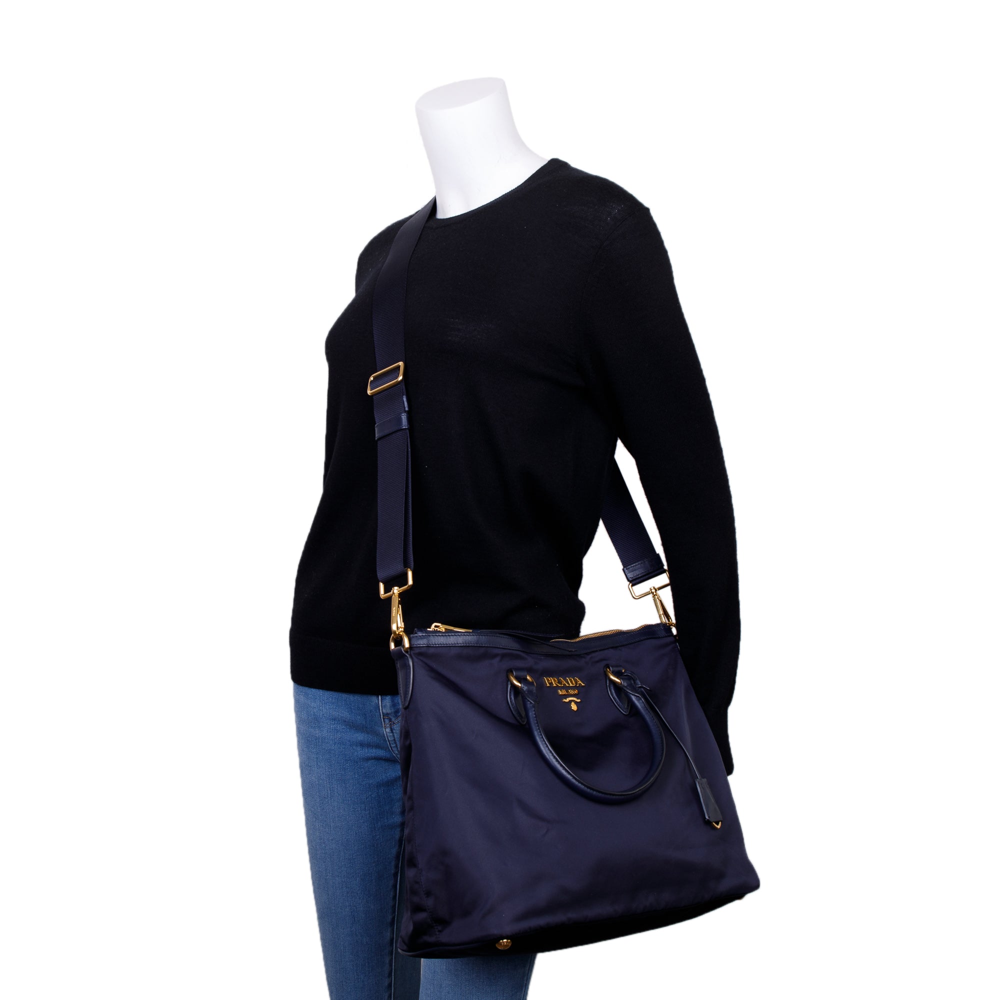 Prada Navy Leather Trimmed Tessuto Nylon Tote w/ Strap